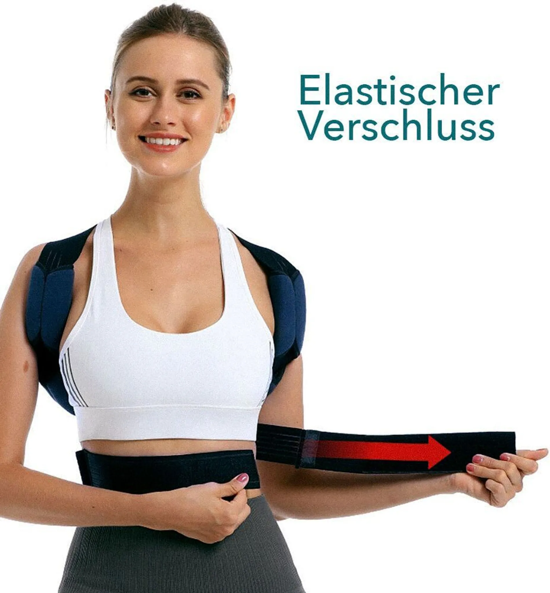 Lächelnde Frau mit Haltungskorrektor. Text lautet 'Elastischer Verschluss'. Schwarzer Riemen mit rotem Pfeil.