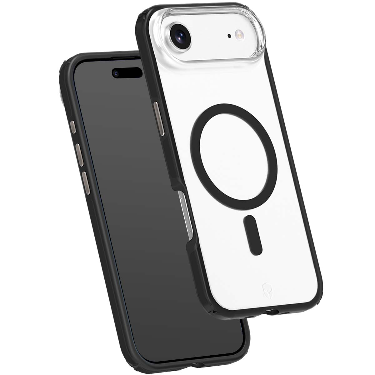 Due custodie per telefono. Una nera, una bianca con un cerchio nero e un segno meno. Entrambe hanno sezioni fotocamera trasparenti.
