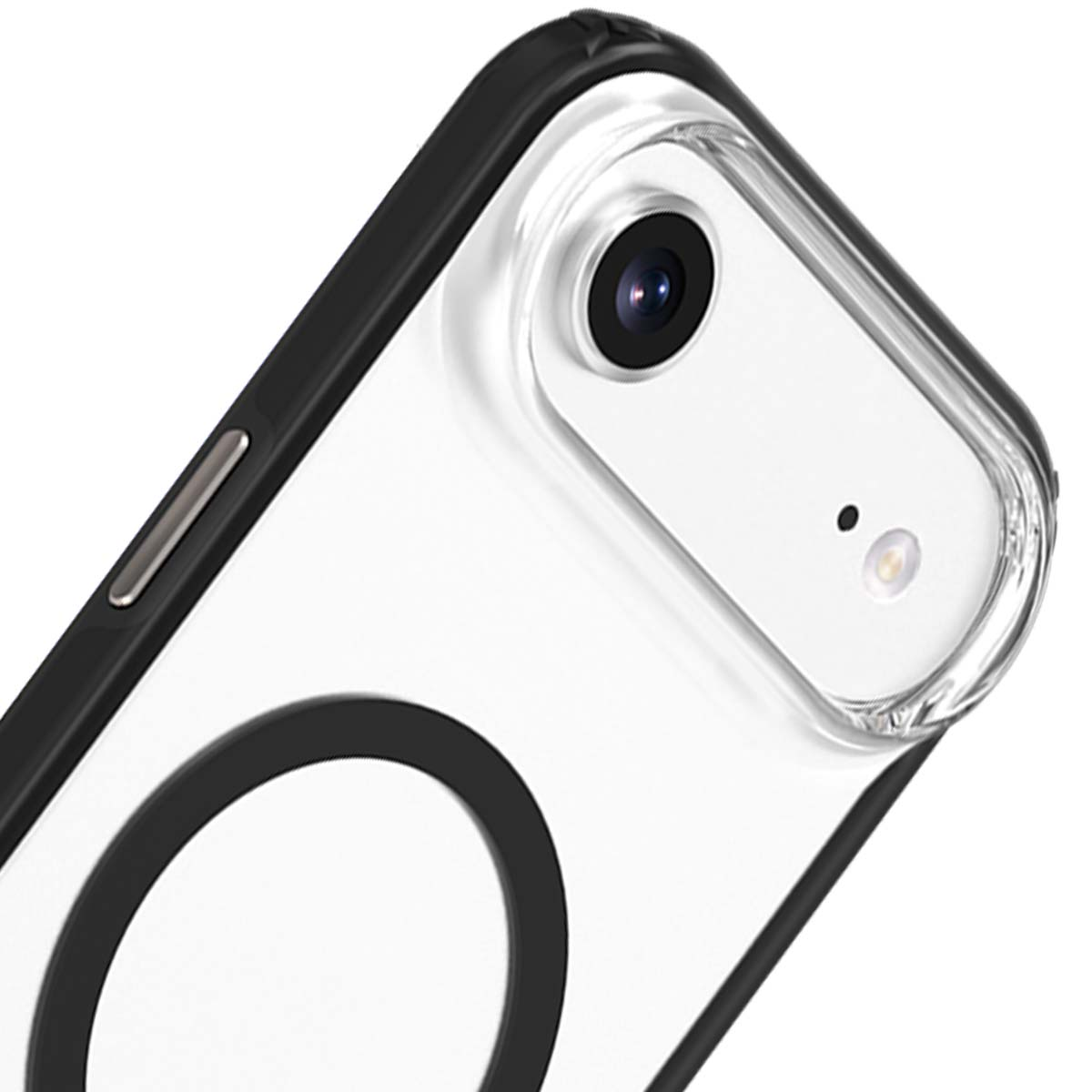Primo piano di una custodia trasparente per telefono con cornice nera. La fotocamera e il flash sono visibili, insieme a un design circolare nero.
