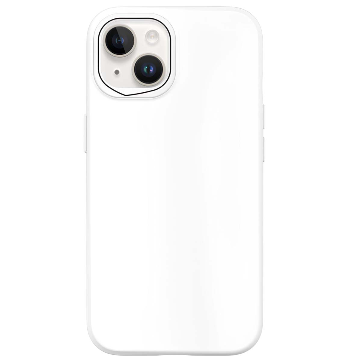 Una custodia bianca per telefono con lenti della fotocamera. La custodia è bianca, con angoli arrotondati. Le lenti sono visibili in alto a sinistra.