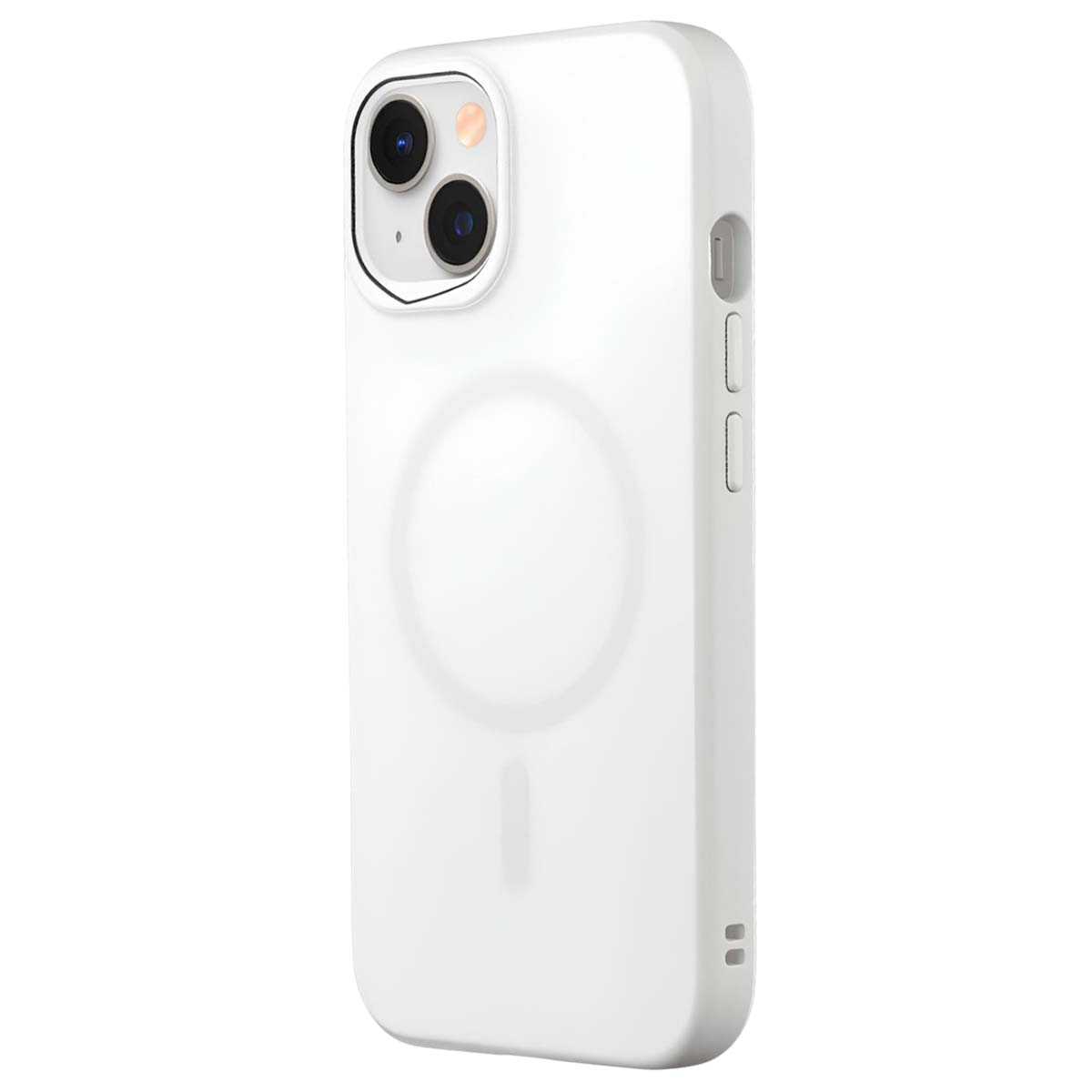 Una custodia bianca per iPhone con ritagli per la fotocamera e pulsanti, con un cerchio MagSafe sul retro. I pulsanti sono visibili a destra.