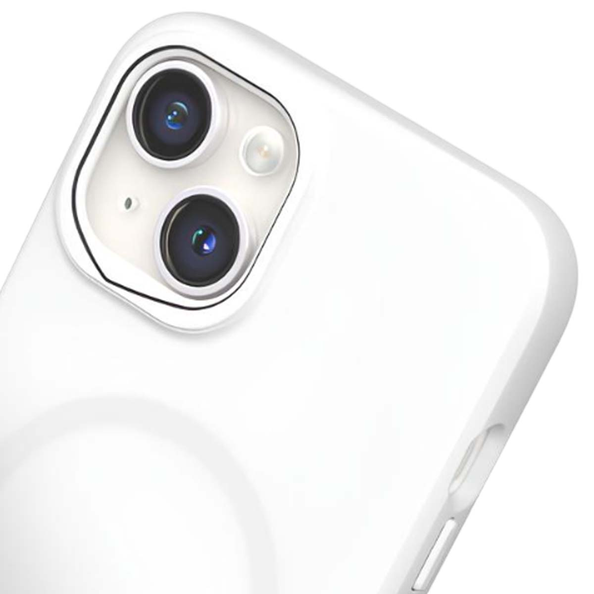 Primo piano di una custodia bianca per telefono con due obiettivi e un flash. La custodia ha un design liscio e curvo.