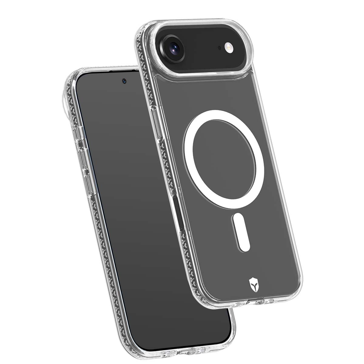 Due custodie trasparenti per telefoni. Una con fotocamera nera e design circolare. L'altra ha uno schermo nero. Entrambe su sfondo bianco.