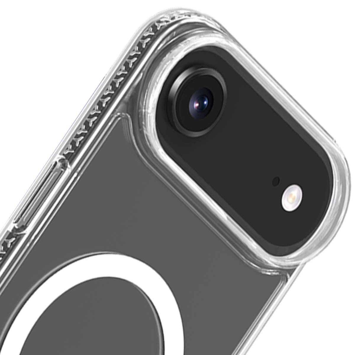 Primo piano di un telefono in una custodia trasparente. L'obiettivo della fotocamera del telefono è visibile, con sfondo nero e contorno bianco.
