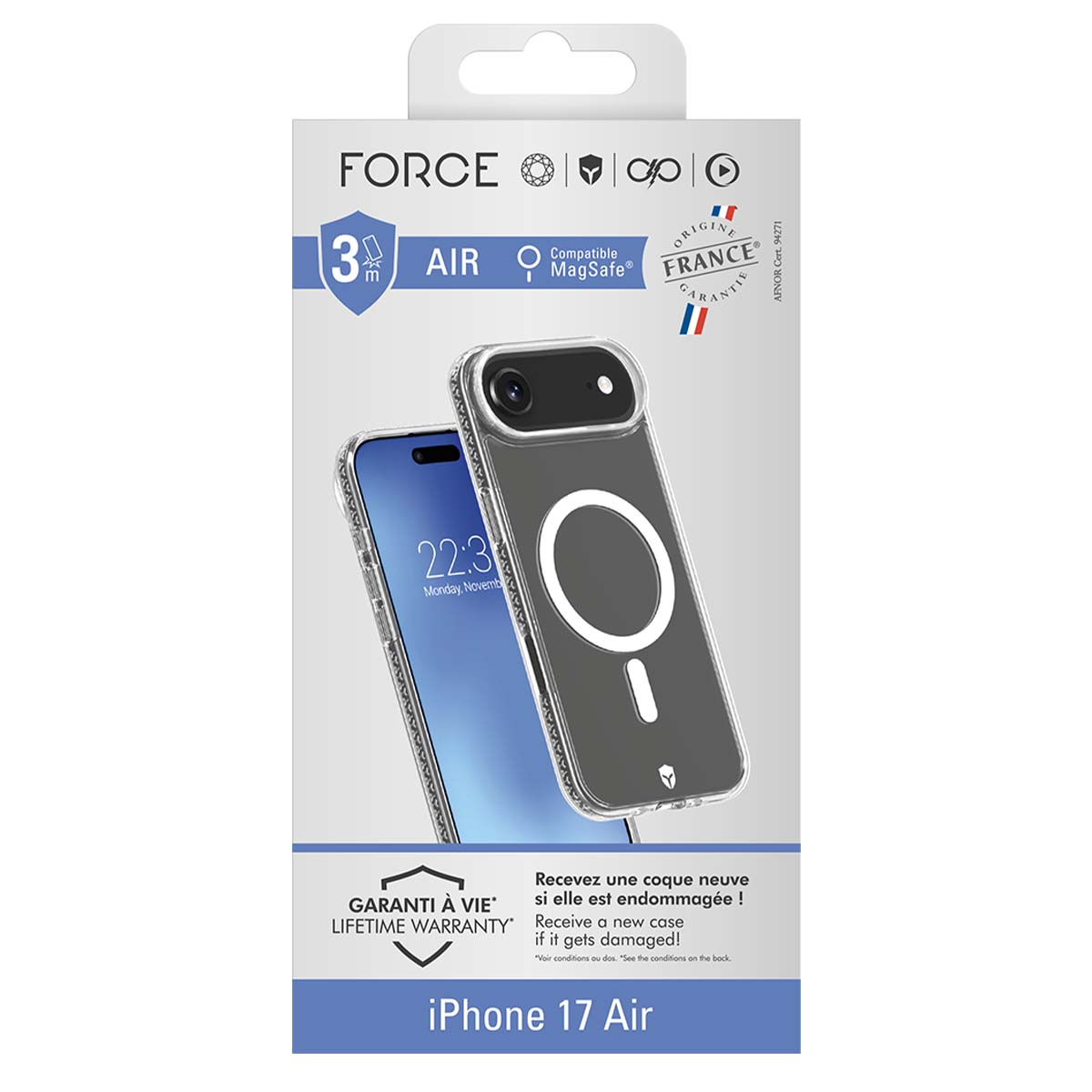 Una confezione di custodia per telefono con una custodia per iPhone 17 Air. La confezione indica 'FORCE' e 'MagSafe'. La custodia è trasparente.