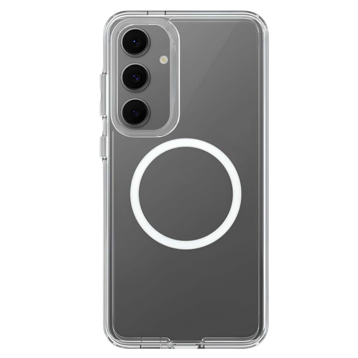Una custodia trasparente per telefono. Ha tre obiettivi e un cerchio bianco sul retro. La custodia è trasparente.