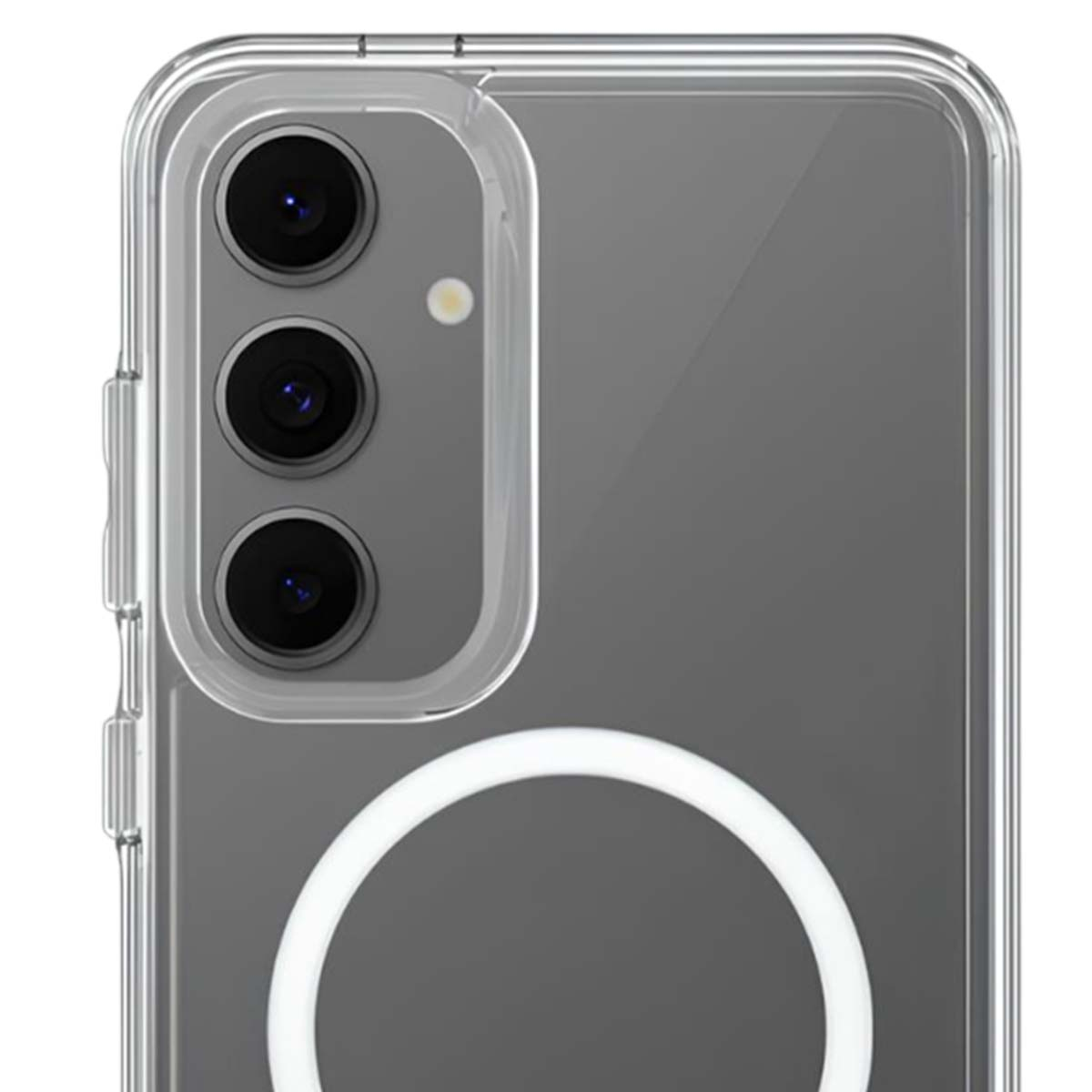 Primo piano di una custodia per telefono. Tre obiettivi della fotocamera sono visibili. La custodia è trasparente con un anello magnetico bianco in basso.