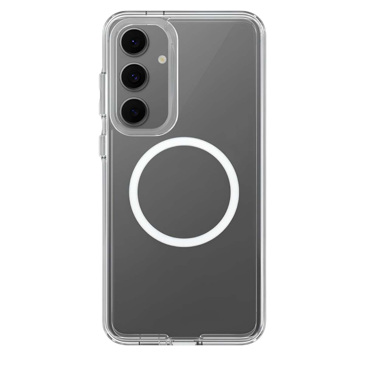 Custodia trasparente per telefono con intaglio per fotocamera con tre lenti e un design circolare bianco su sfondo grigio.