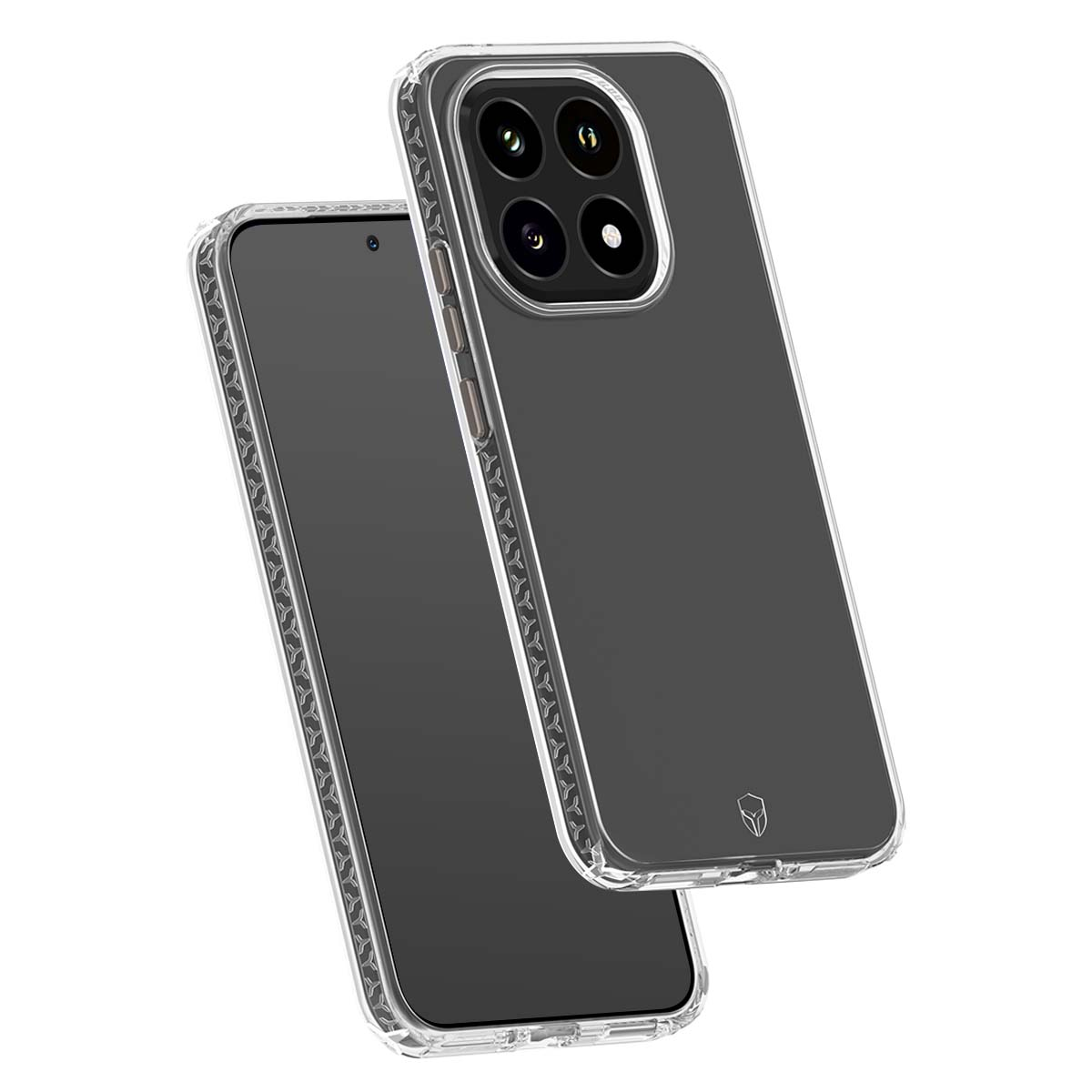 Due custodie trasparenti per telefono, una sopra l'altra, che mostrano la fotocamera. Bordi trasparenti con motivi.
