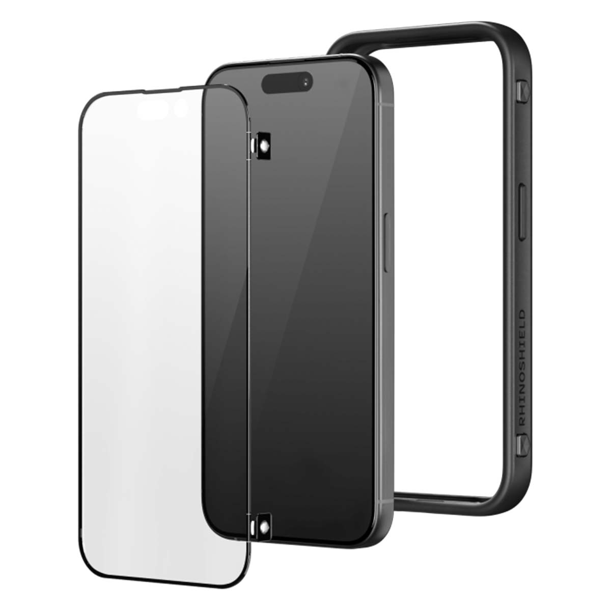 Ein Telefon mit Displayschutzfolie und Hülle. Das Telefon ist schwarz mit Displayschutzfolie und einer schwarzen Hülle. Weißer Hintergrund.