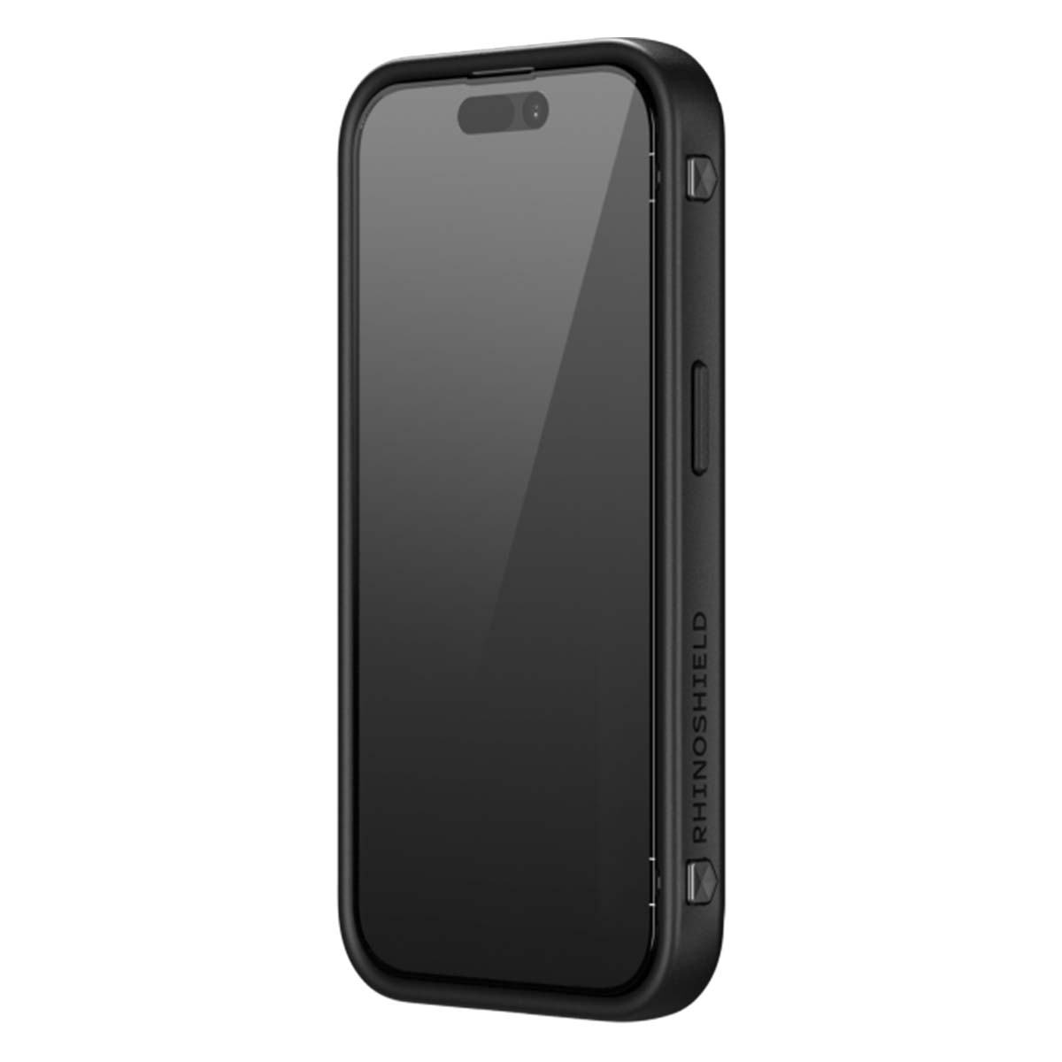 Ein schwarzes Smartphone in einer Schutzhülle. Die Hülle hat einen schwarzen Rahmen, der Bildschirm ist schwarz. Das Wort RHINOSHIELD ist sichtbar.