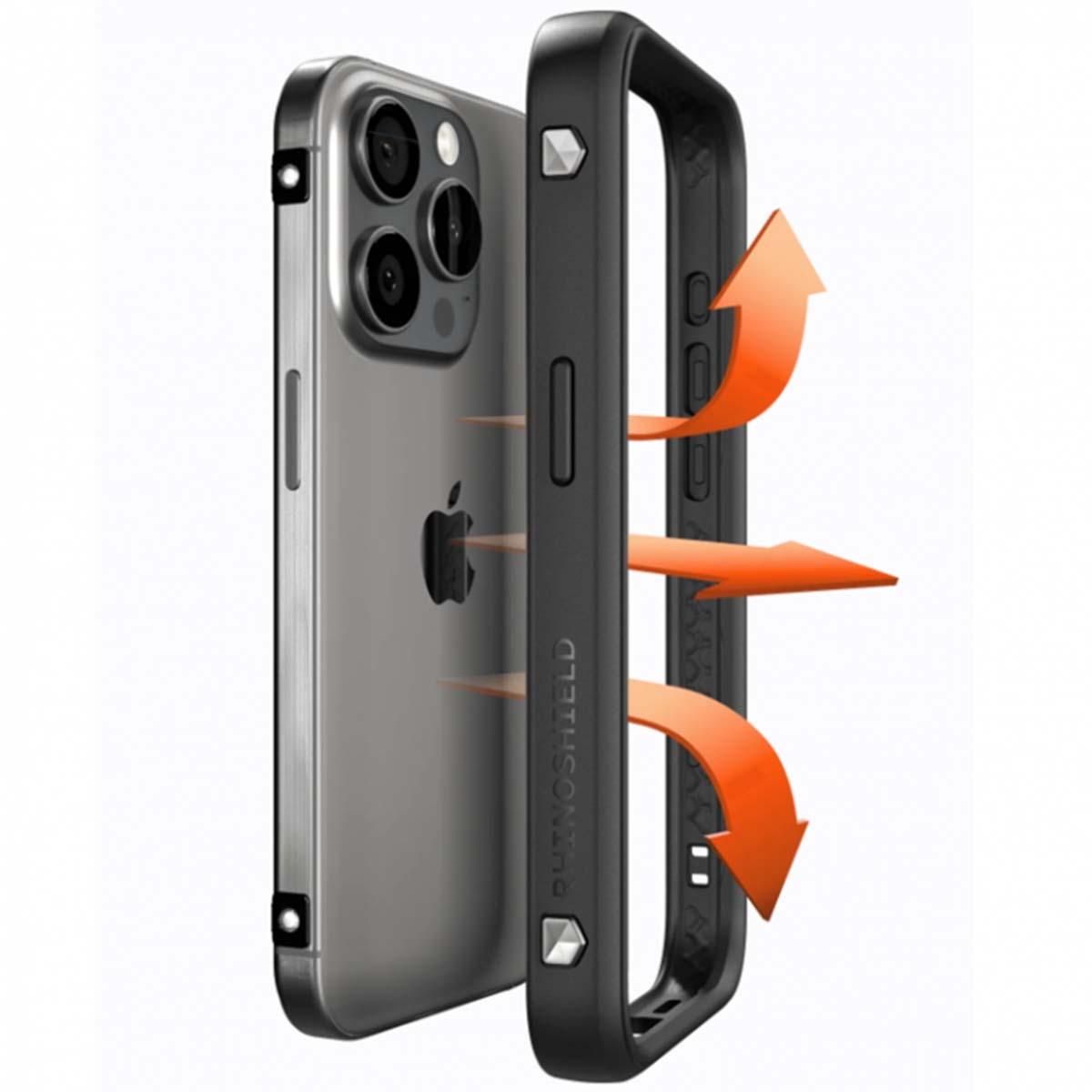 Ein iPhone mit einer durchsichtigen Hülle und einer schwarzen Stoßstangenhülle mit orangenen Pfeilen. Das Telefon hat drei Kameras. Auf der Stoßstangenhülle steht Rhinoshield.