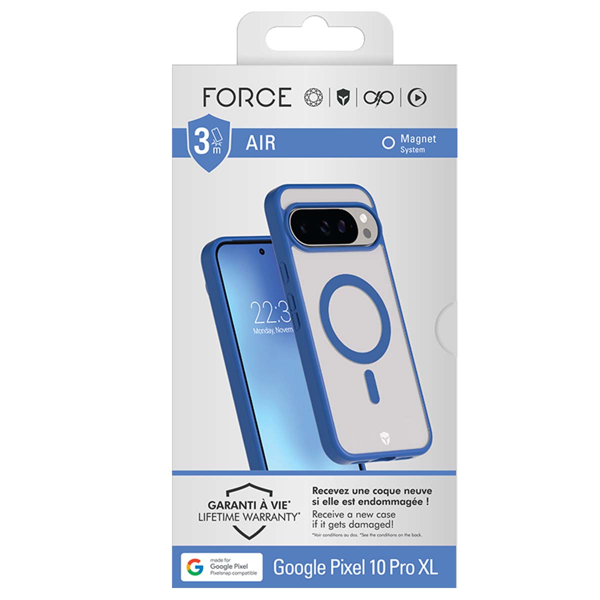 Viene mostrata una custodia per Google Pixel 10 Pro XL. È bianca e blu, con il telefono visibile all'interno. Il testo include 'Garanzia a vita'.