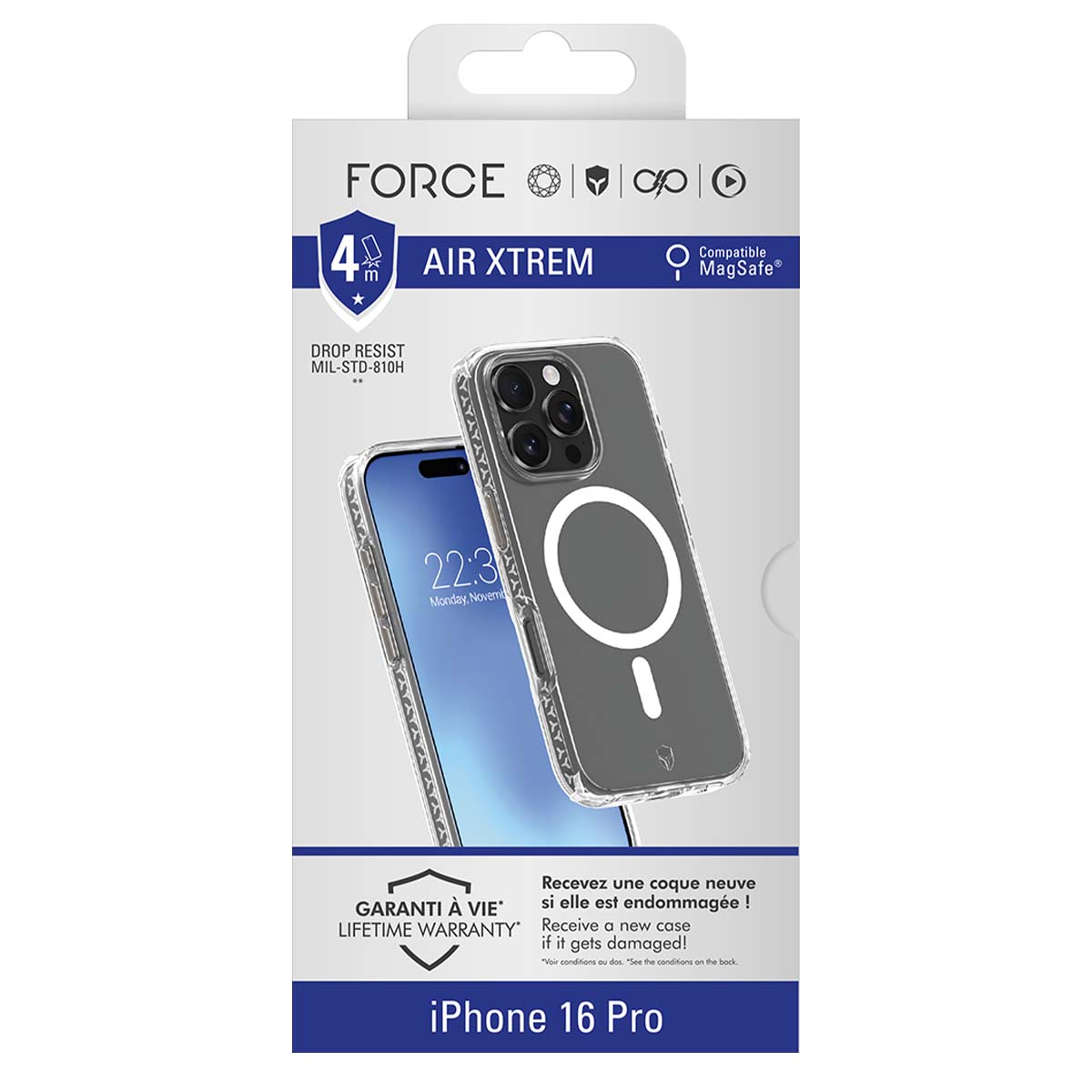 Una confezione di custodia per telefono con un iPhone 16 Pro e una custodia trasparente con anello MagSafe visibile. Il testo include 'AIR XTREM' e informazioni sulla garanzia.
