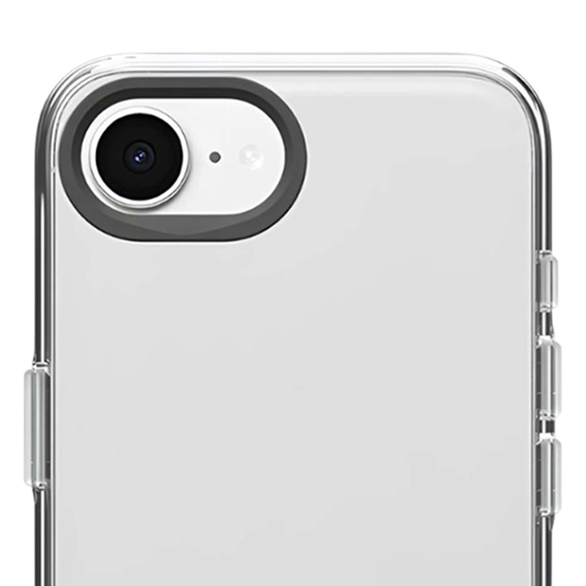Primo piano della parte posteriore di uno smartphone. Obiettivo e flash visibili. Il telefono è bianco.