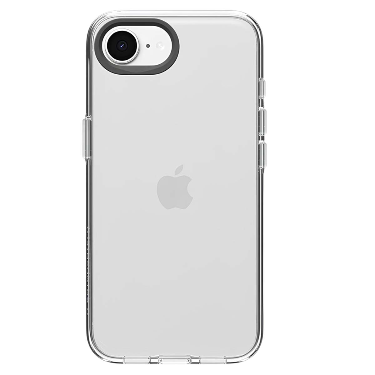 Custodia trasparente per telefono. Logo Apple visibile sul retro. Obiettivo della fotocamera e pulsanti visibili. La custodia è trasparente.