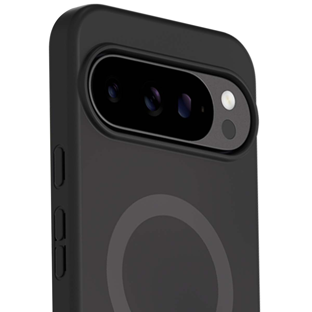 Primo piano di una custodia per telefono nera. La custodia presenta ritagli per la fotocamera e un design circolare sul retro.