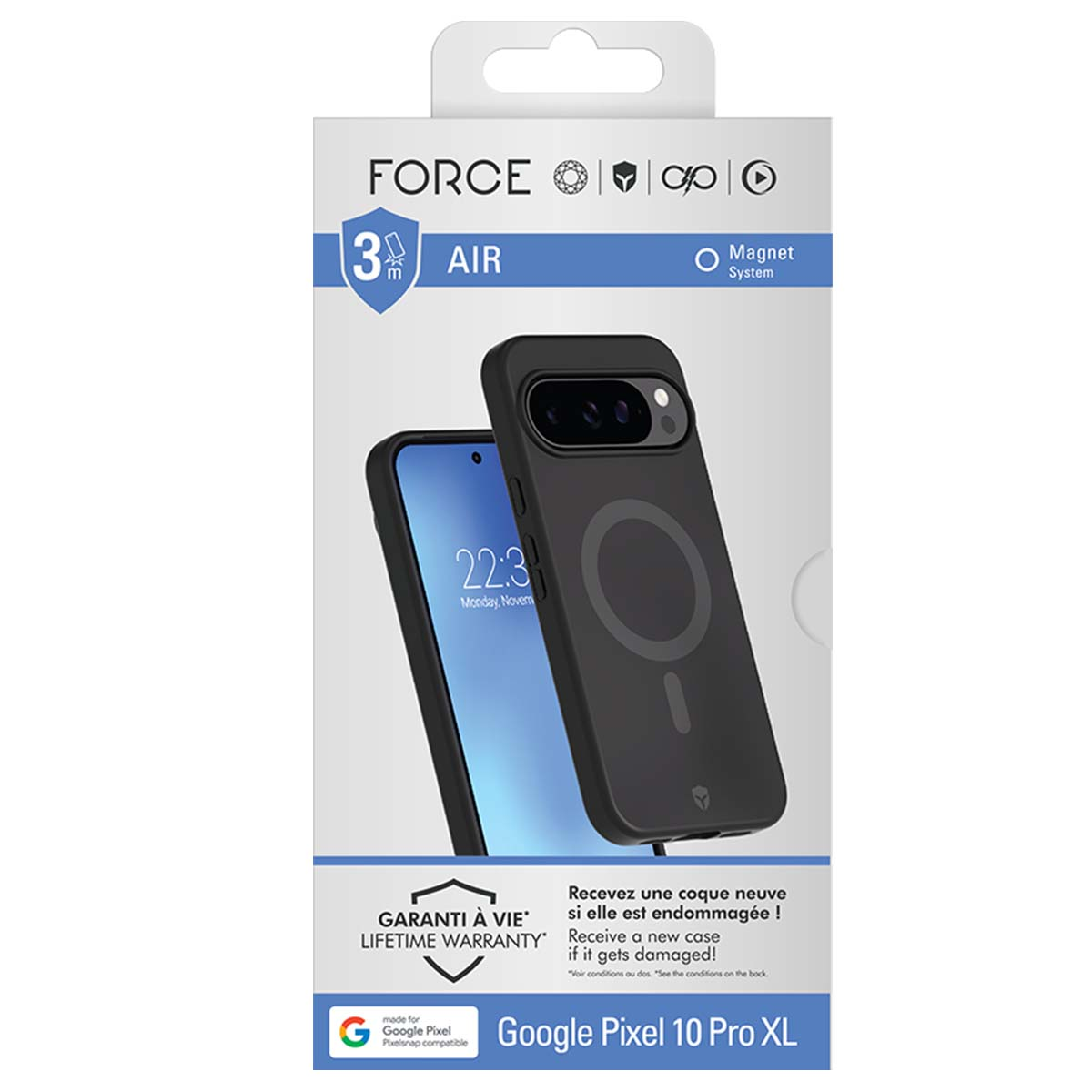 Una scatola per custodia per telefono con un telefono all'interno. La scatola ha il testo 'FORCE' e 'Google Pixel 10 Pro XL'.