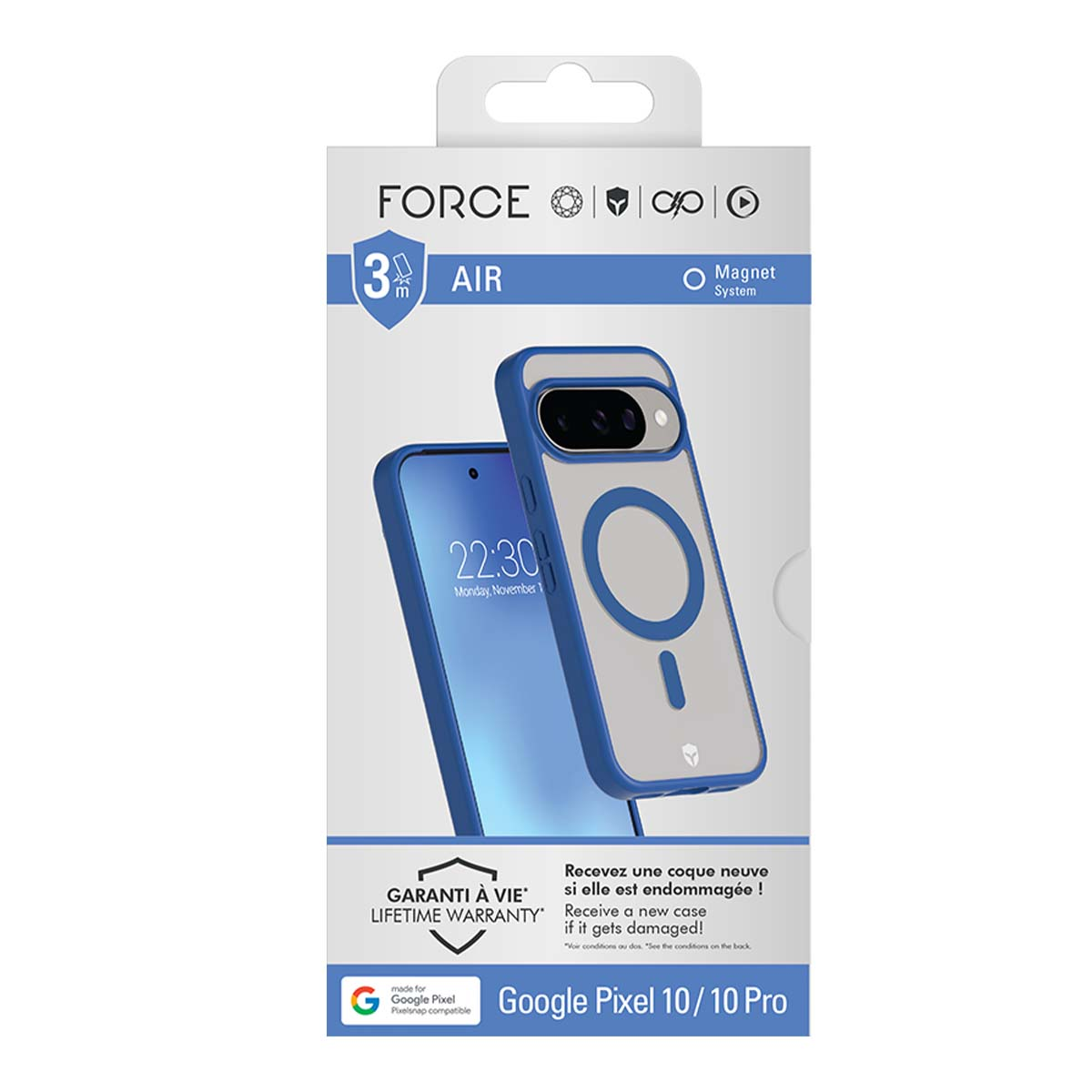 Una custodia per telefono per Google Pixel 10/10 Pro in una confezione. La custodia è blu e bianca con sistema magnetico. L'ora sul telefono è 22:30.