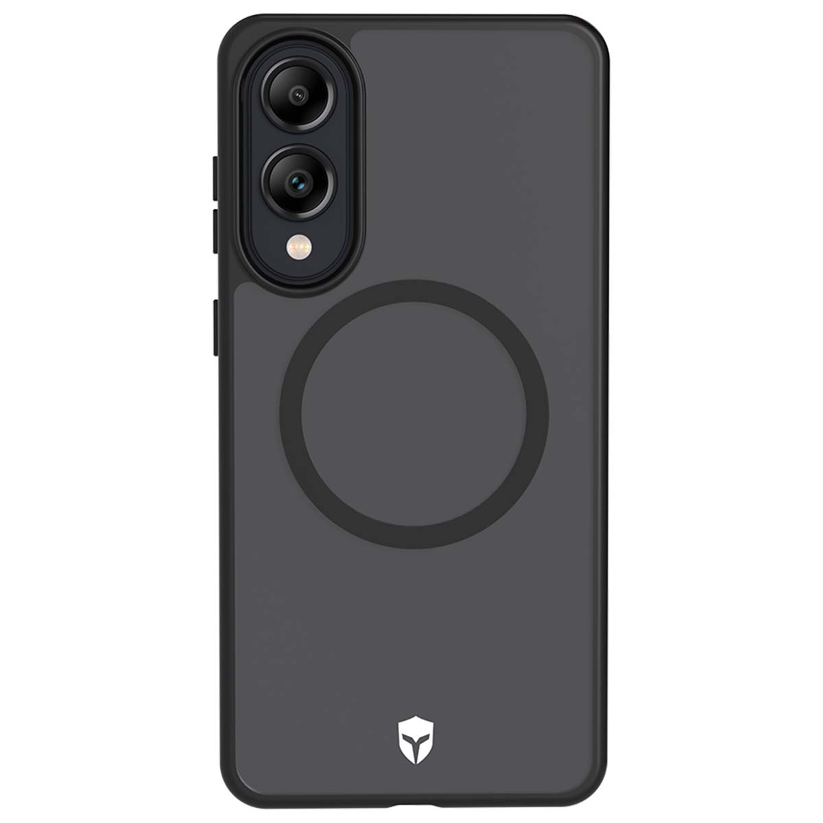 Una custodia per telefono grigio scuro con un anello nero e una fotocamera a doppia lente. Un logo bianco in basso.