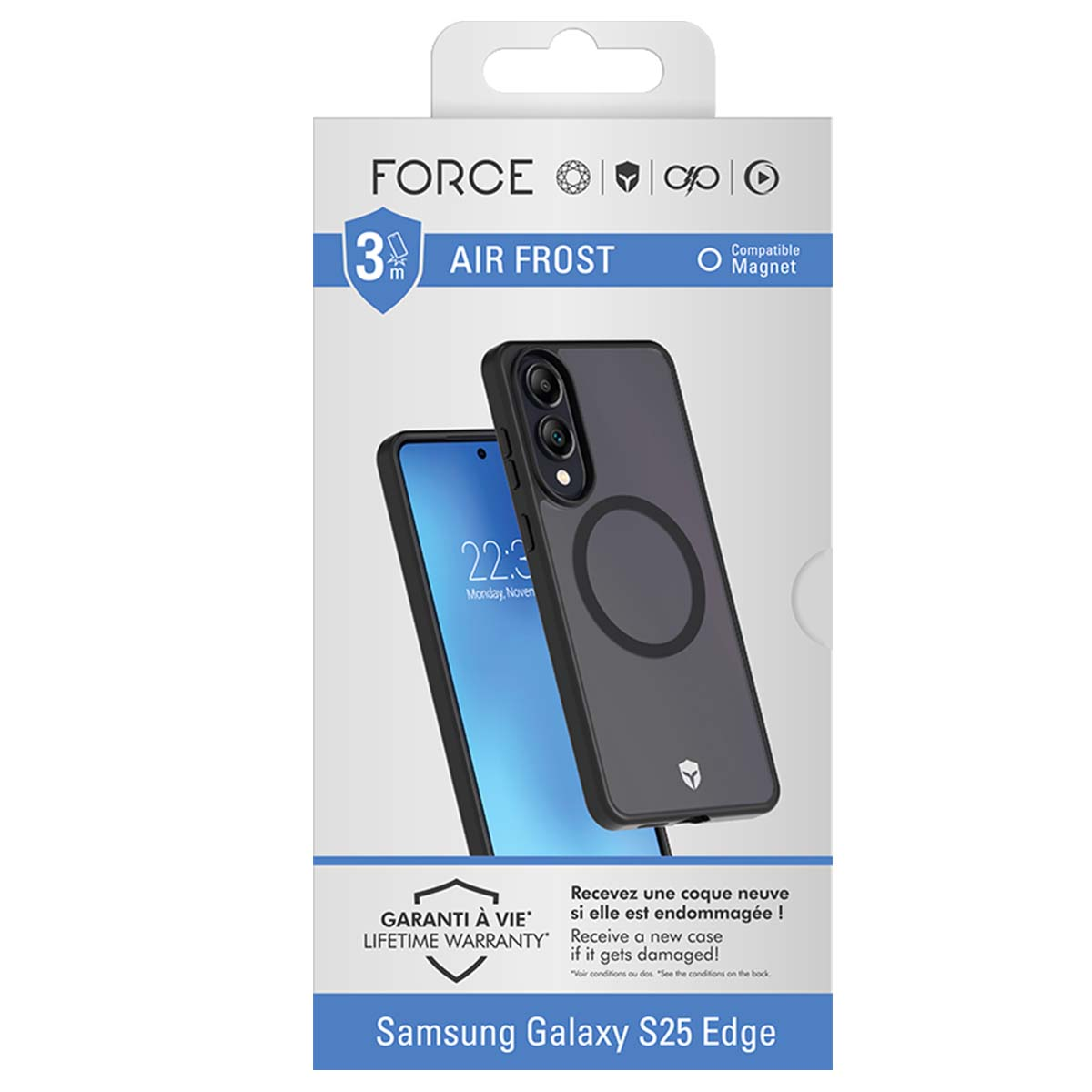 Una scatola di custodia per telefono con un telefono all'interno. La scatola ha il testo "FORCE" e "AIR FROST". Dice anche "Compatible Magnet".