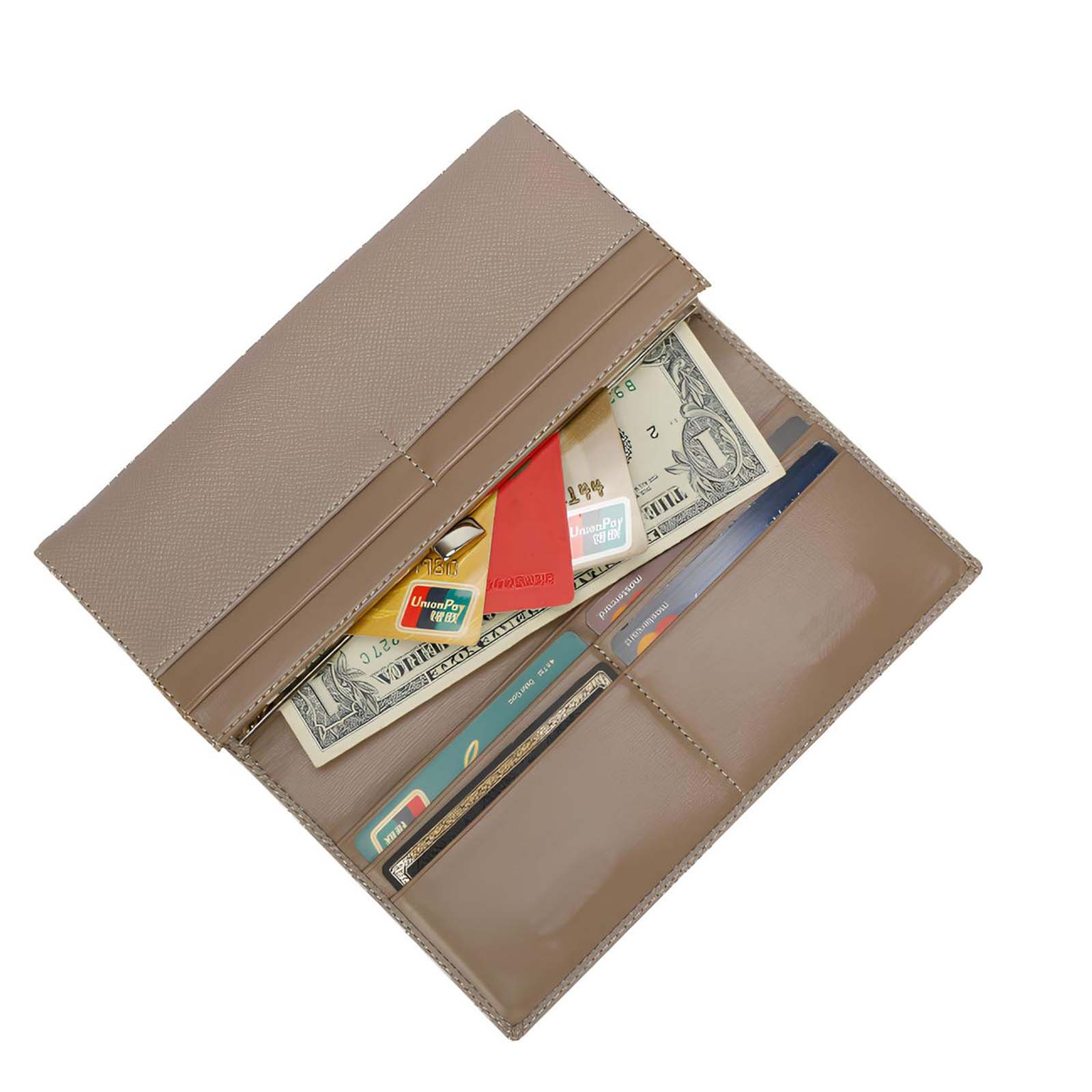 Portafoglio aperto in pelle beige con denaro e carte di credito visibili. Un dollaro e una carta UnionPay.
