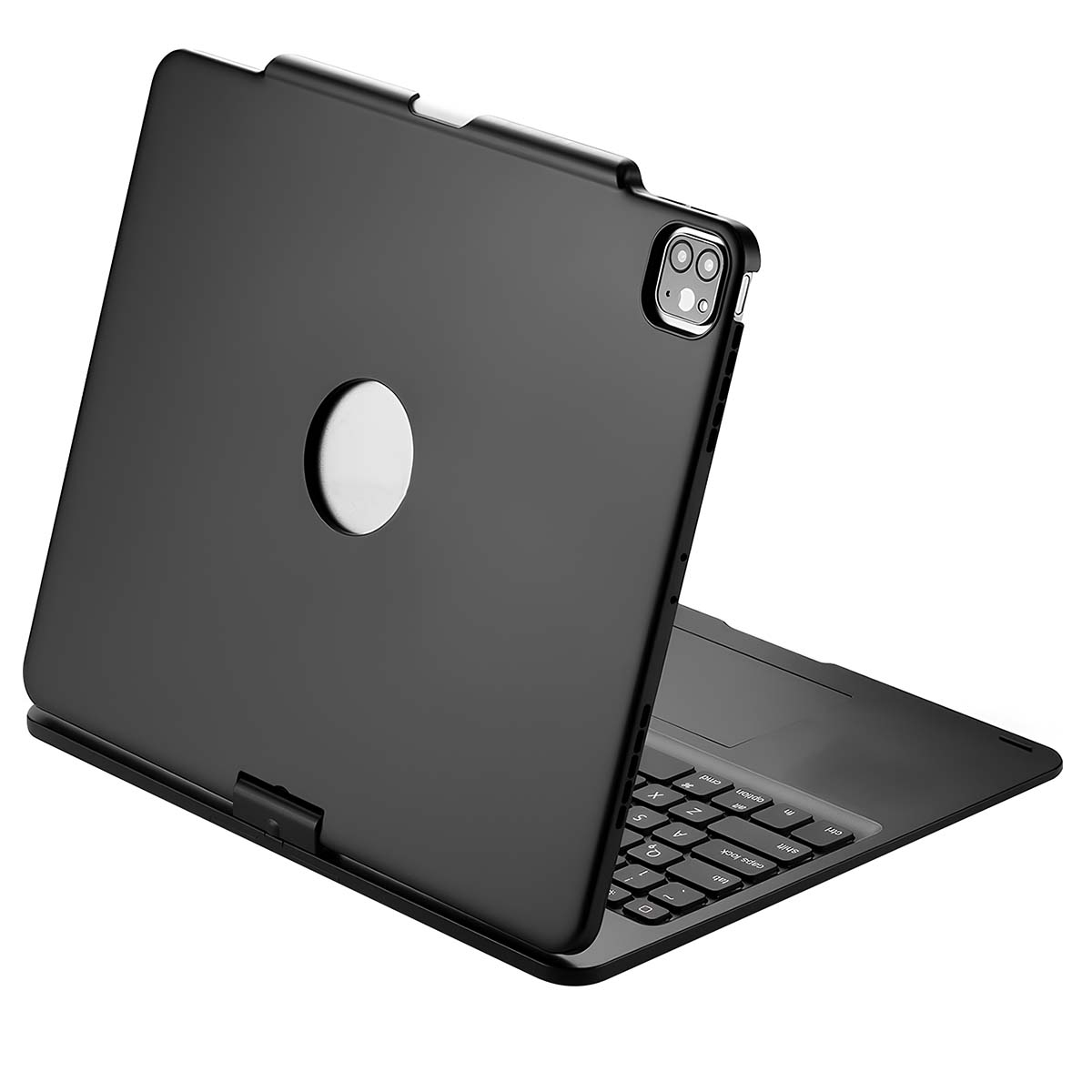 Funda negra para tableta con teclado adjunto. Muestra la parte trasera con un recorte para la cámara y un círculo blanco. El teclado es visible.