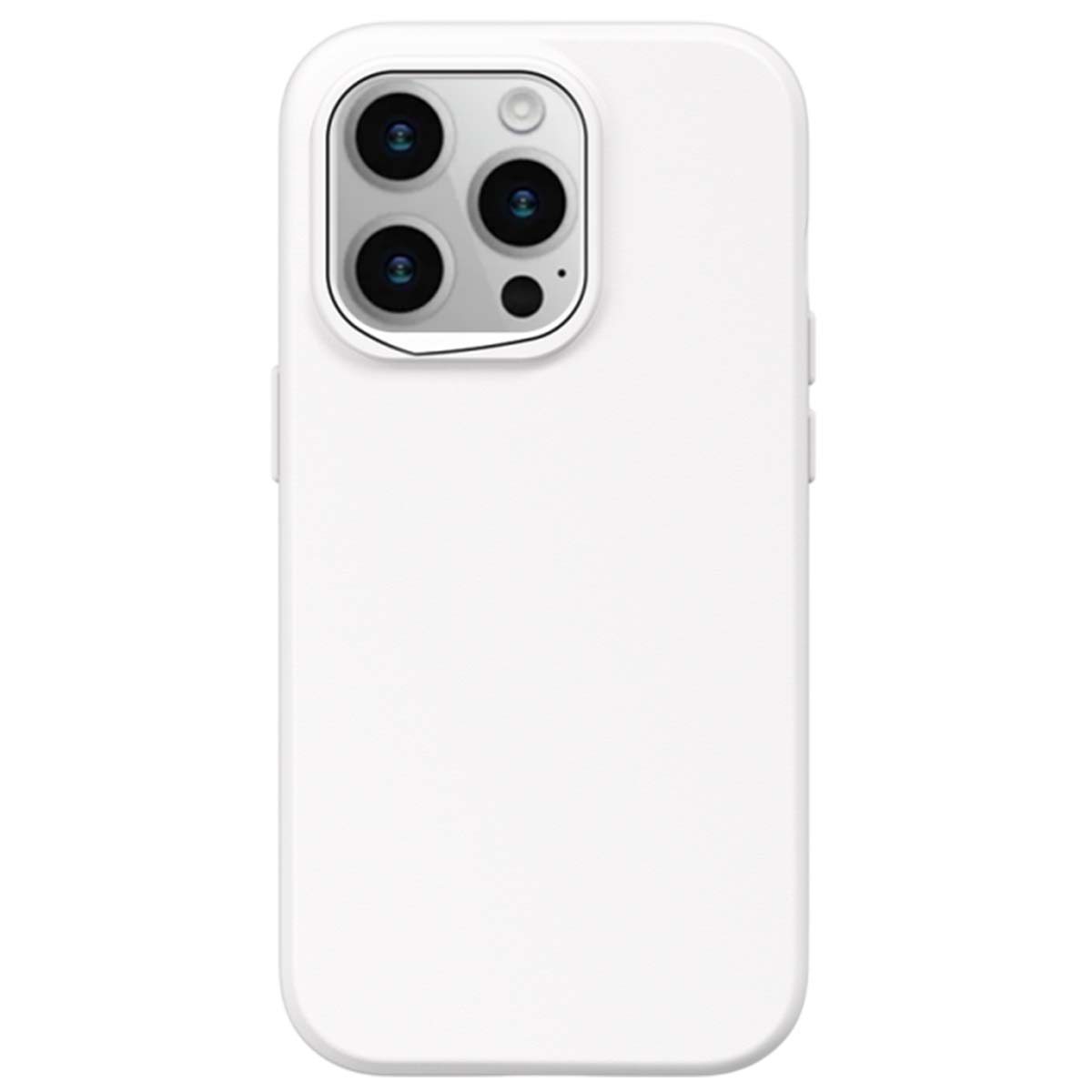 Viene mostrata una custodia bianca per telefono con ritagli per la fotocamera. La custodia ha una finitura lucida ed è realizzata in plastica.