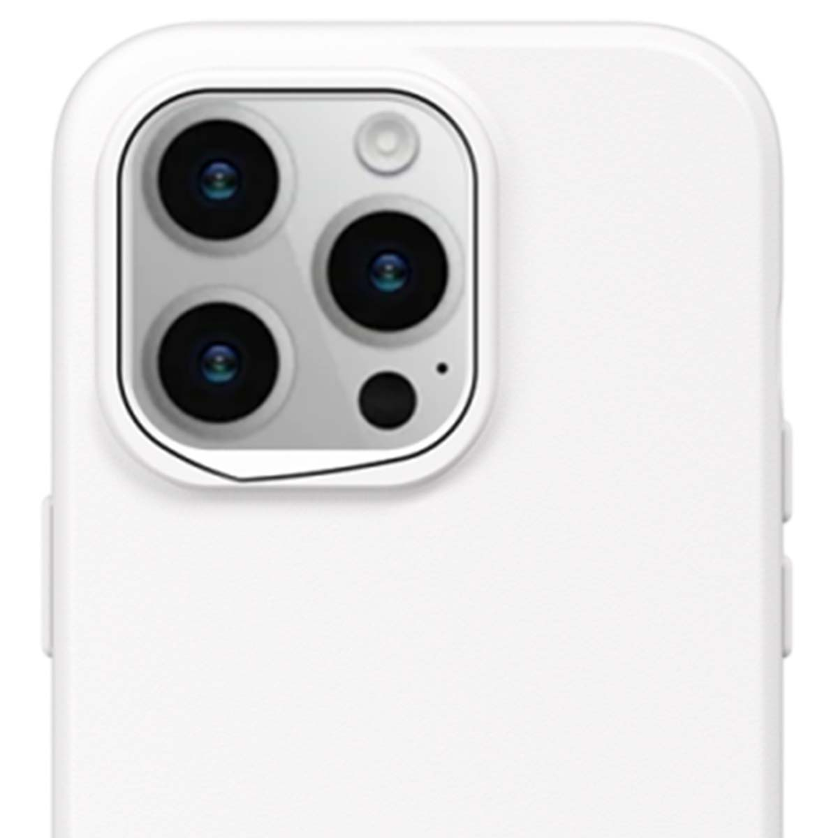 Primo piano di una custodia bianca per telefono con lenti della fotocamera. Sono visibili tre lenti grandi e una piccola, tutte con interno scuro.