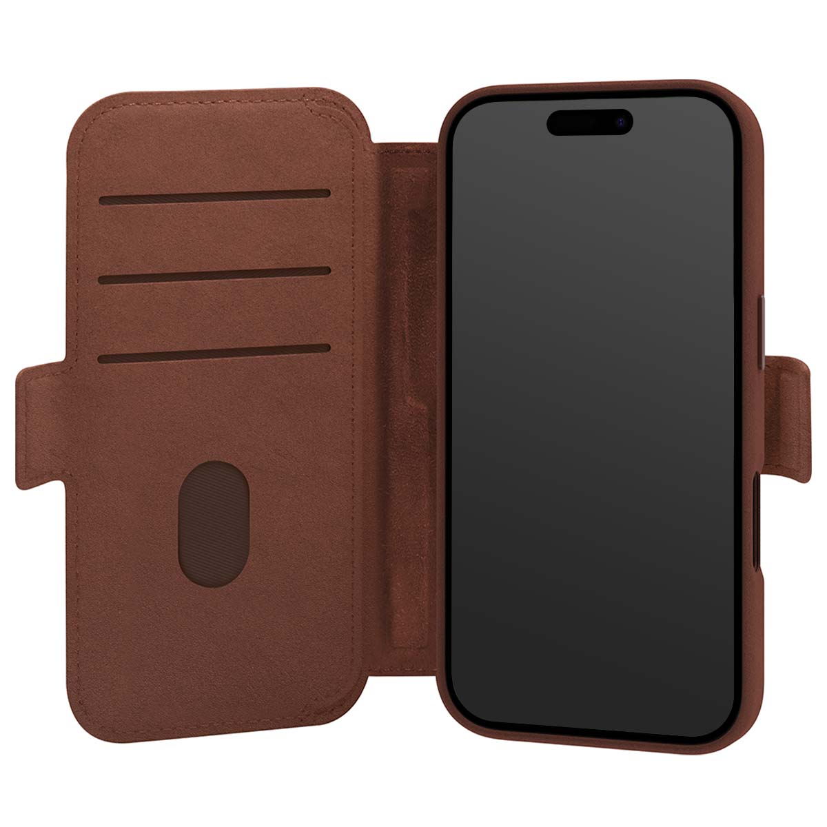 Custodia per telefono in pelle marrone aperta, con tre fessure per carte e un telefono con schermo nero.