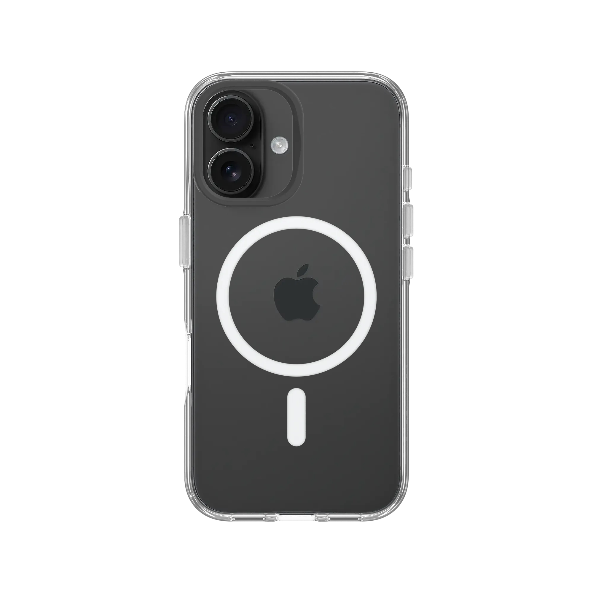 Transparante iPhone-hoes met zwarte achterkant. Het heeft een witte cirkel en een witte lijn. Een Apple-logo is zichtbaar.