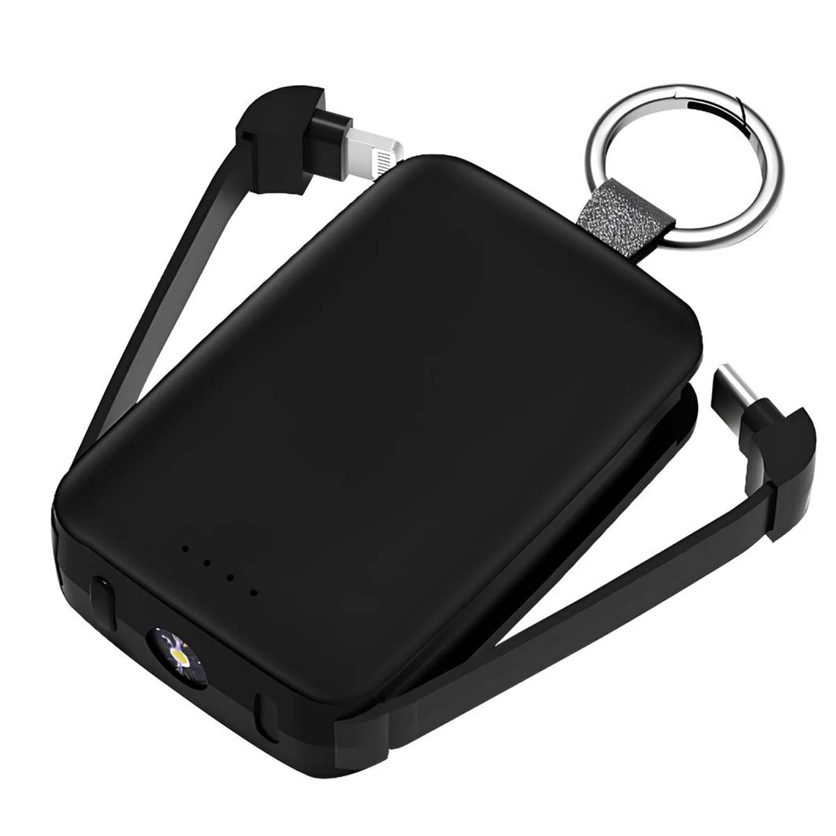 Chargeur portable noir avec câbles de chargement attachés et un porte-clés. Il possède un indicateur de puissance et une petite lumière.