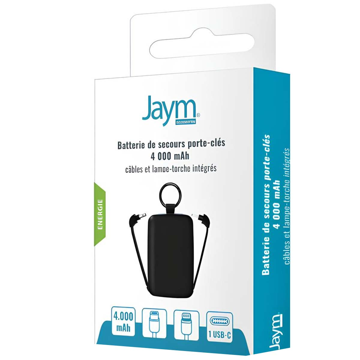 Une boîte blanche avec une batterie externe noire, des câbles et le logo Jaym. Le texte décrit le produit comme une batterie externe de 4000 mAh.