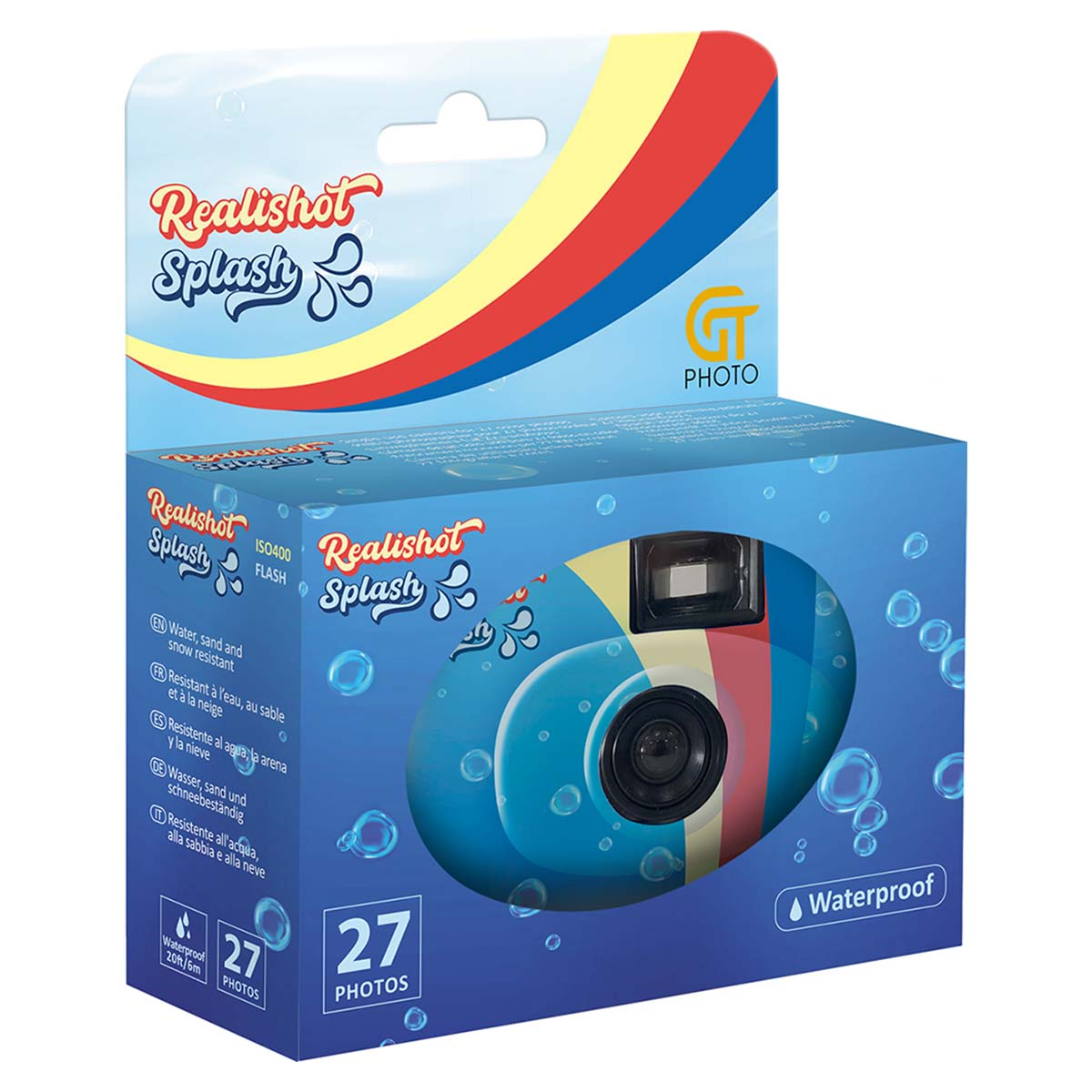 Eine blaue Realishot Splash Kamera-Box. Sie hat ein farbenfrohes Design mit einem Kamera-Bild, Blasen-Illustrationen und Text.