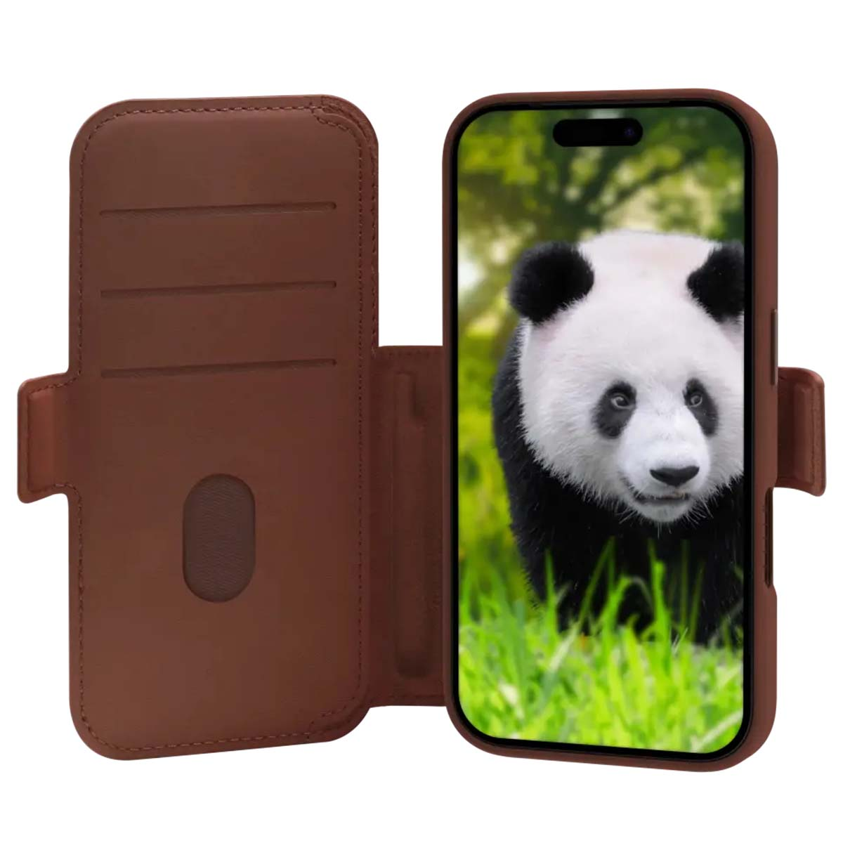 Una custodia per telefono in pelle marrone con uno schermo che mostra un panda in un campo verde.