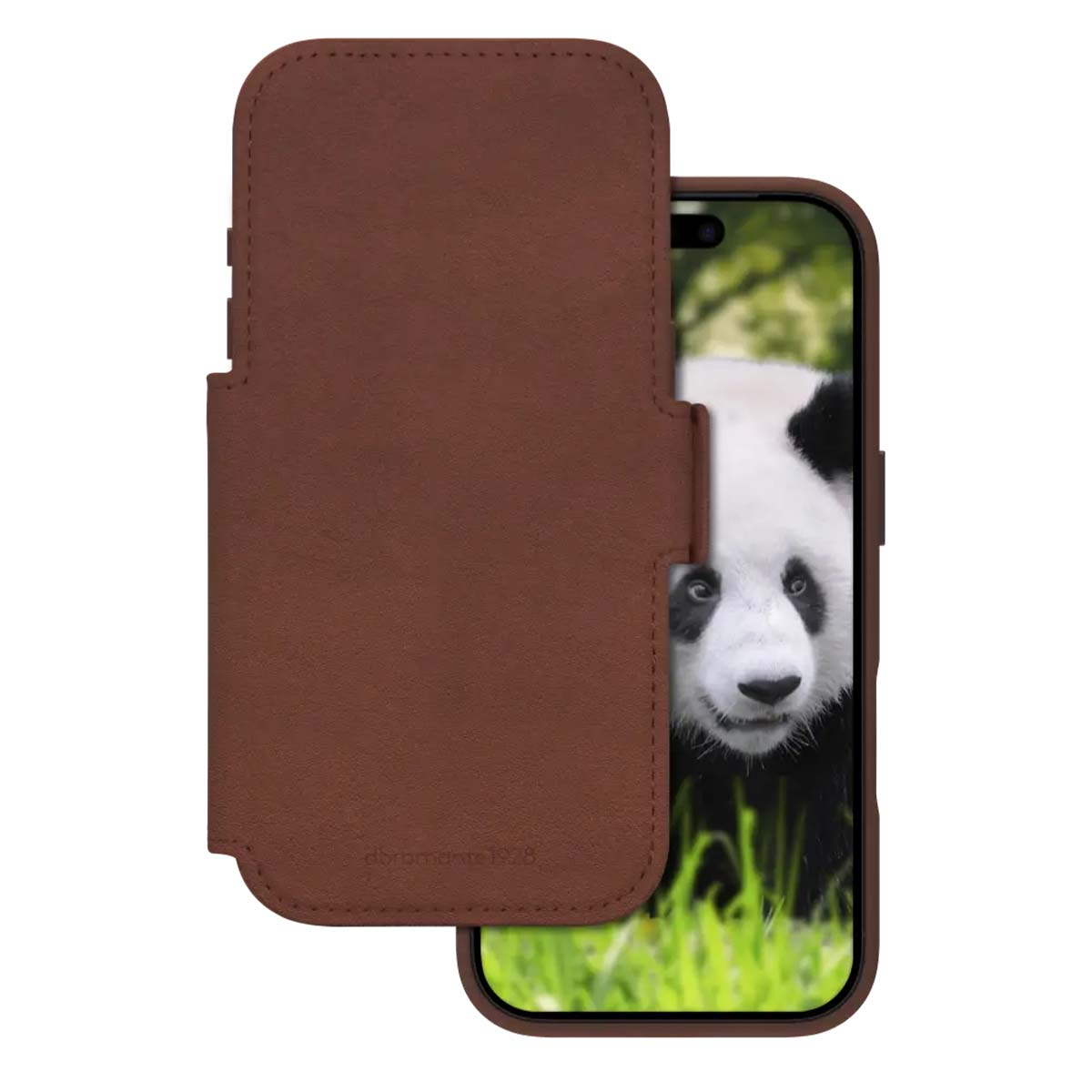 Una custodia in pelle marrone copre parzialmente lo schermo di un telefono. Lo schermo mostra un panda in un campo erboso.