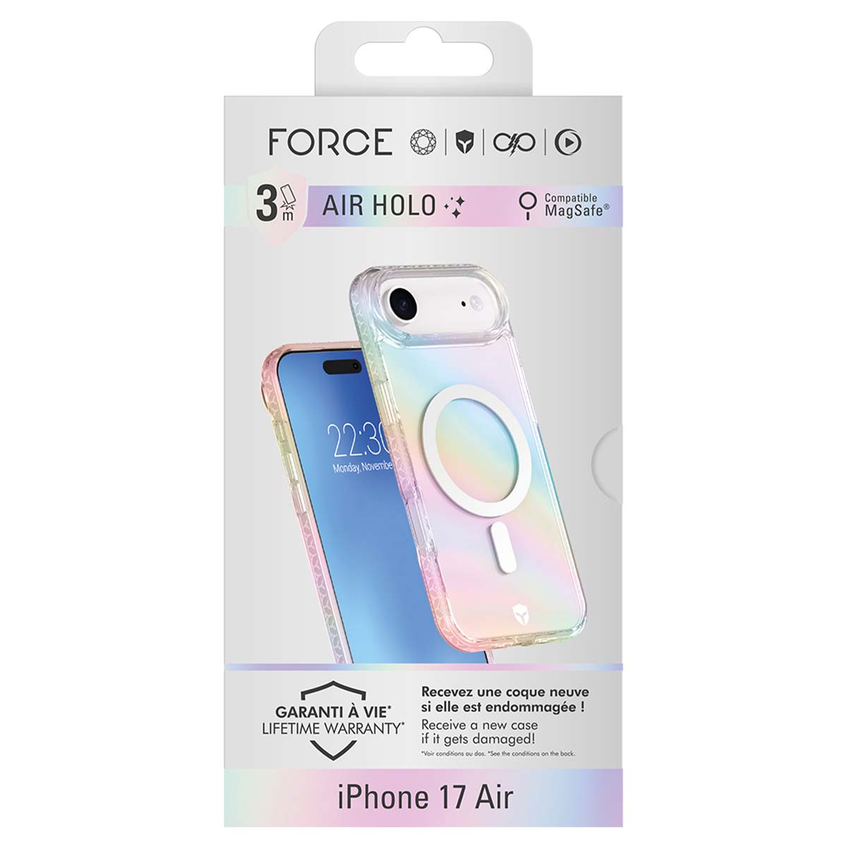 Una scatola per custodia del telefono con un iPhone all'interno. La custodia è trasparente con effetto arcobaleno. Il telefono mostra le 22:30.