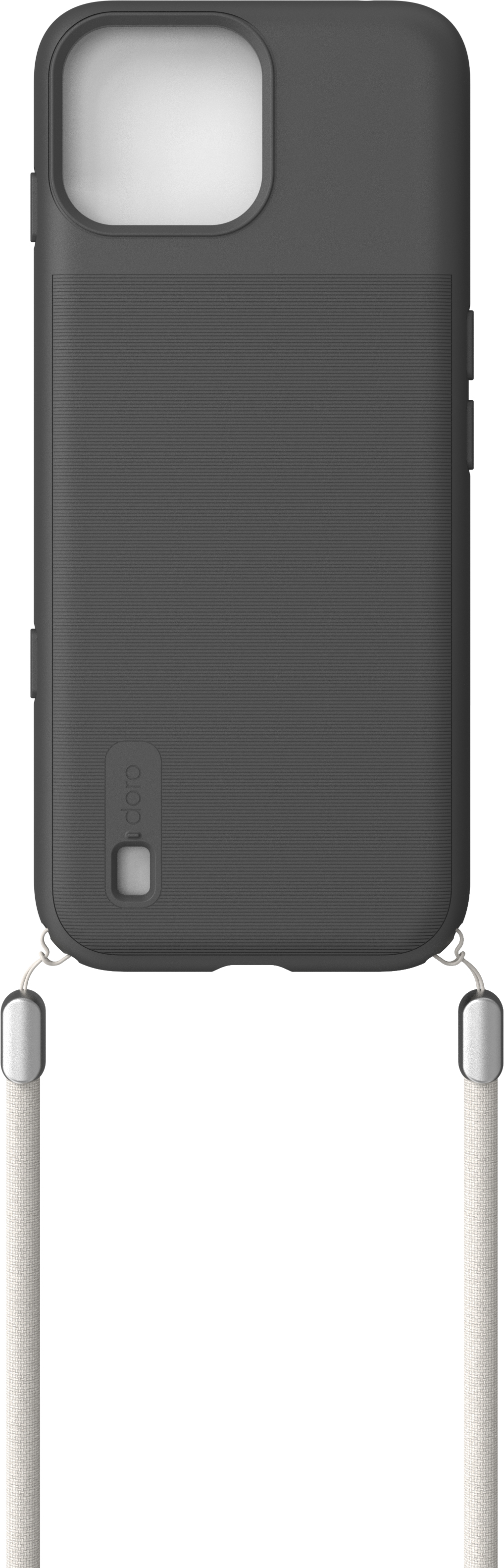Custodia per telefono grigio scuro con cordino bianco. La custodia ha un ritaglio per la fotocamera e il logo doro.