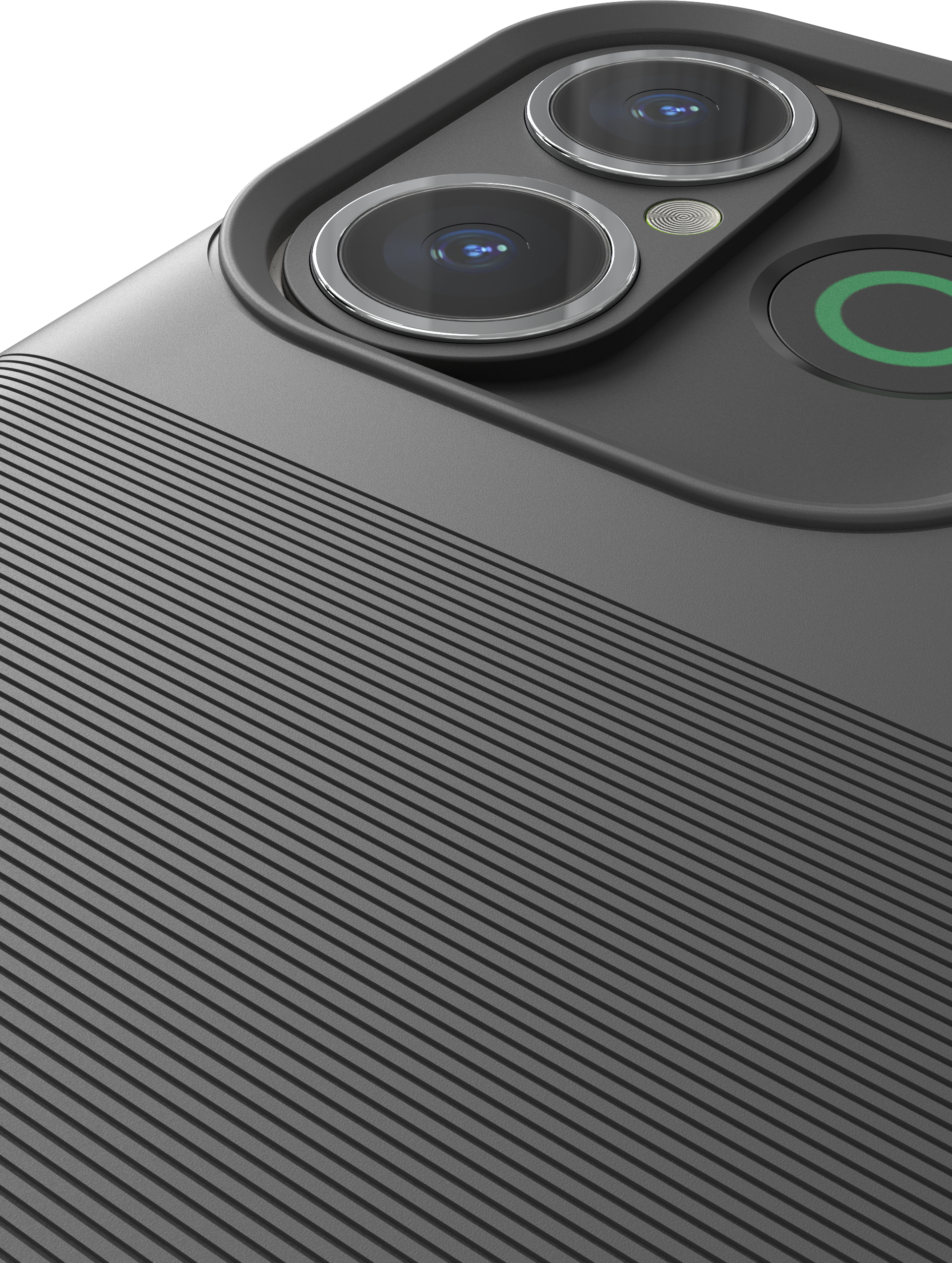 Primo piano del retro di uno smartphone. Ha tre obiettivi, una superficie strutturata e un cerchio verde.