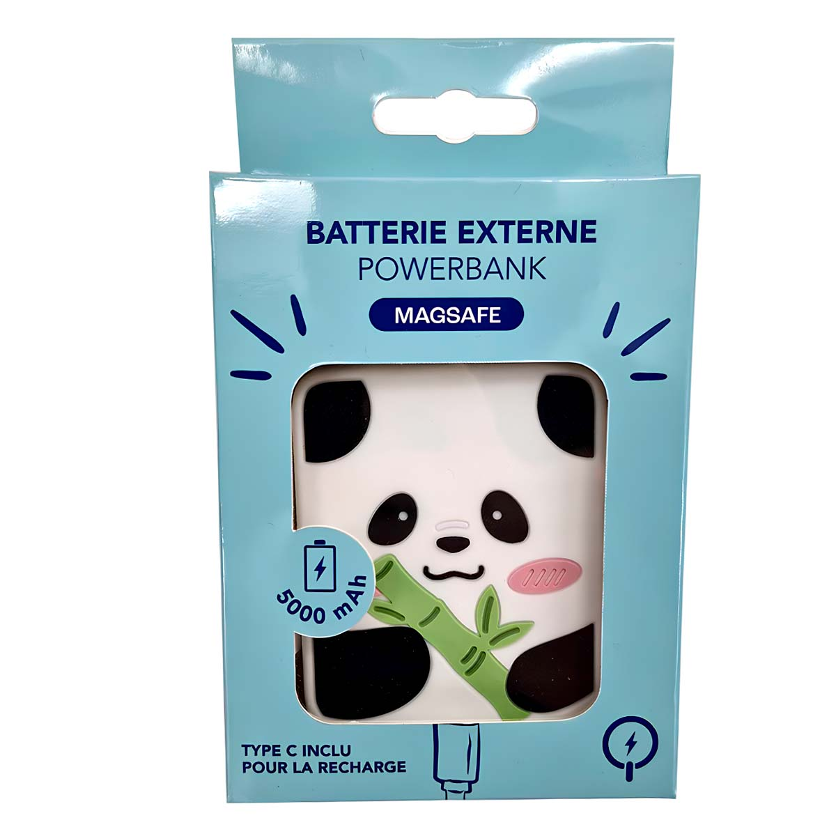 Un power bank en una caja azul, con diseño de panda. Dice 'Batterie Externe Powerbank' y 'Magsafe'. Tiene 5000 mAh.