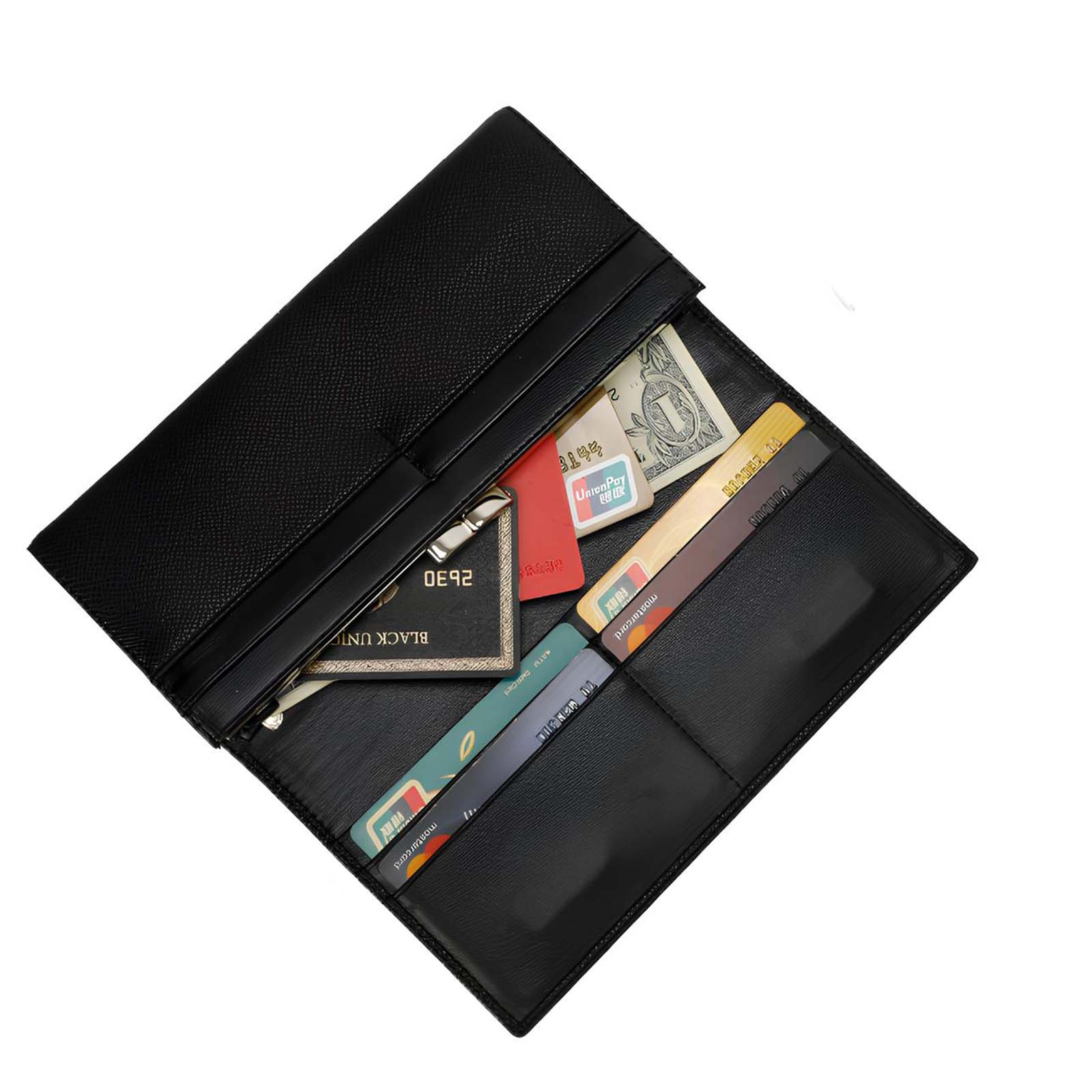 Portafoglio in pelle nera aperto con carte, contanti e carte di credito visibili. Vari loghi presenti.