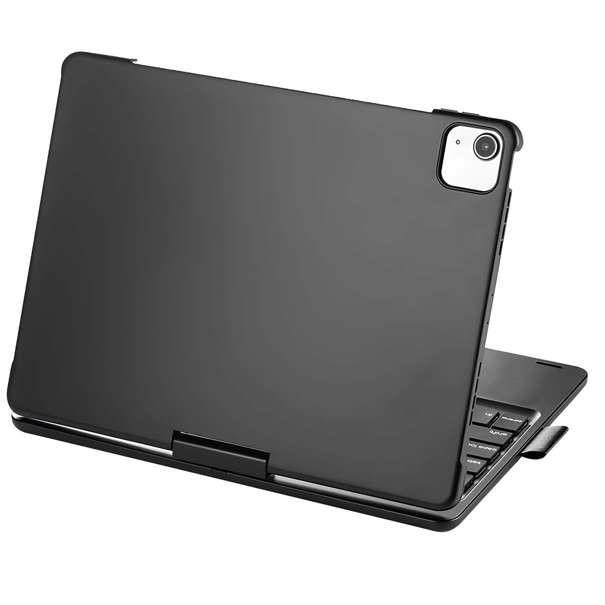 Funda negra para tableta con teclado adjunto. La funda está abierta, mostrando la pantalla de la tableta y las teclas del teclado.