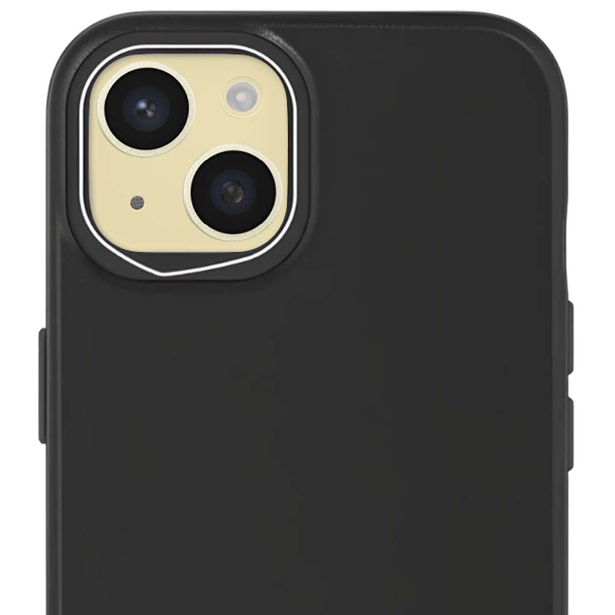 Primo piano di una custodia per telefono nera con modulo fotocamera. Il modulo ha tre lenti e un flash su sfondo beige.
