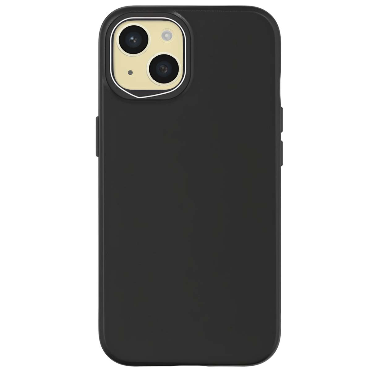 Una custodia nera per telefono, con due lenti della fotocamera visibili in alto. La custodia ha una finitura liscia e opaca.