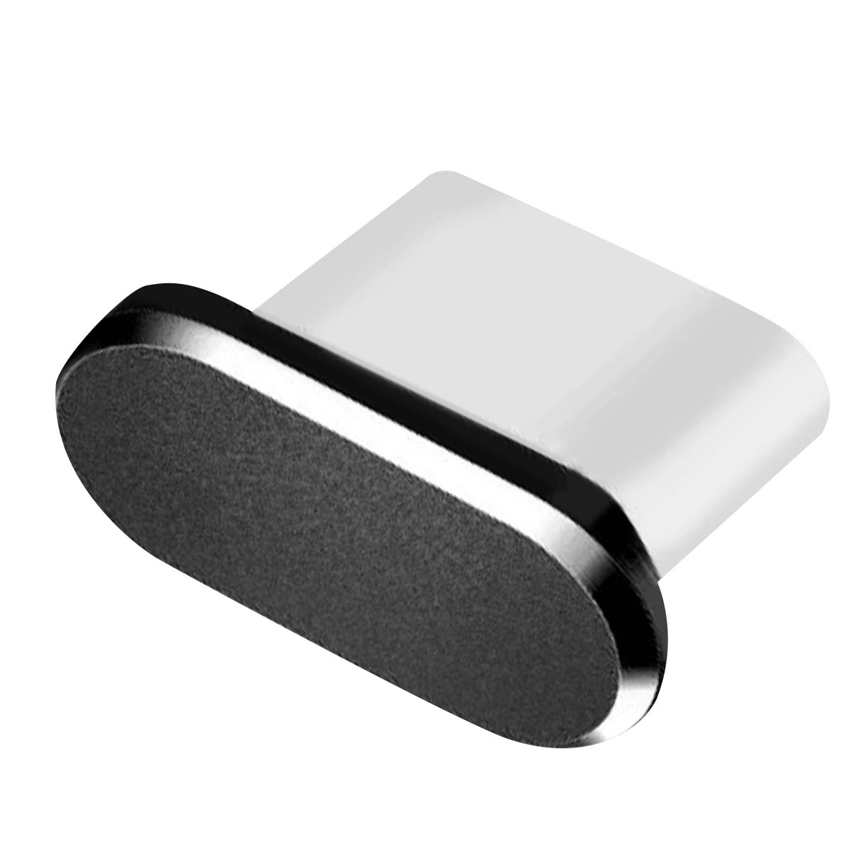 Primo piano di un connettore USB-C. Presenta un'estremità ovale nera e strutturata e un corpo rettangolare bianco con bordo argentato.