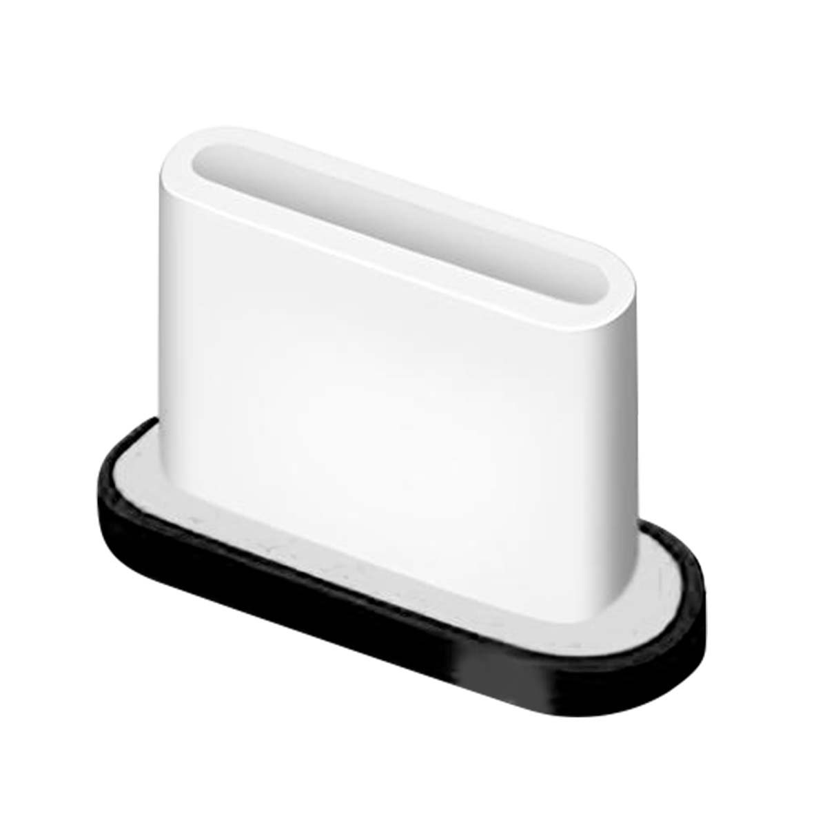 Un connettore USB-C bianco e rettangolare. Ha una base nera e una parte superiore cava. L'oggetto è isolato su sfondo bianco.