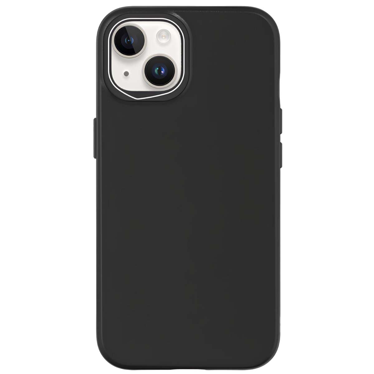 Eine schwarze Handyhülle. Die Oberseite hat Kameralinsen. Die Hülle ist matt und bedeckt das Telefon, mit Knopfausschnitten an der Seite.