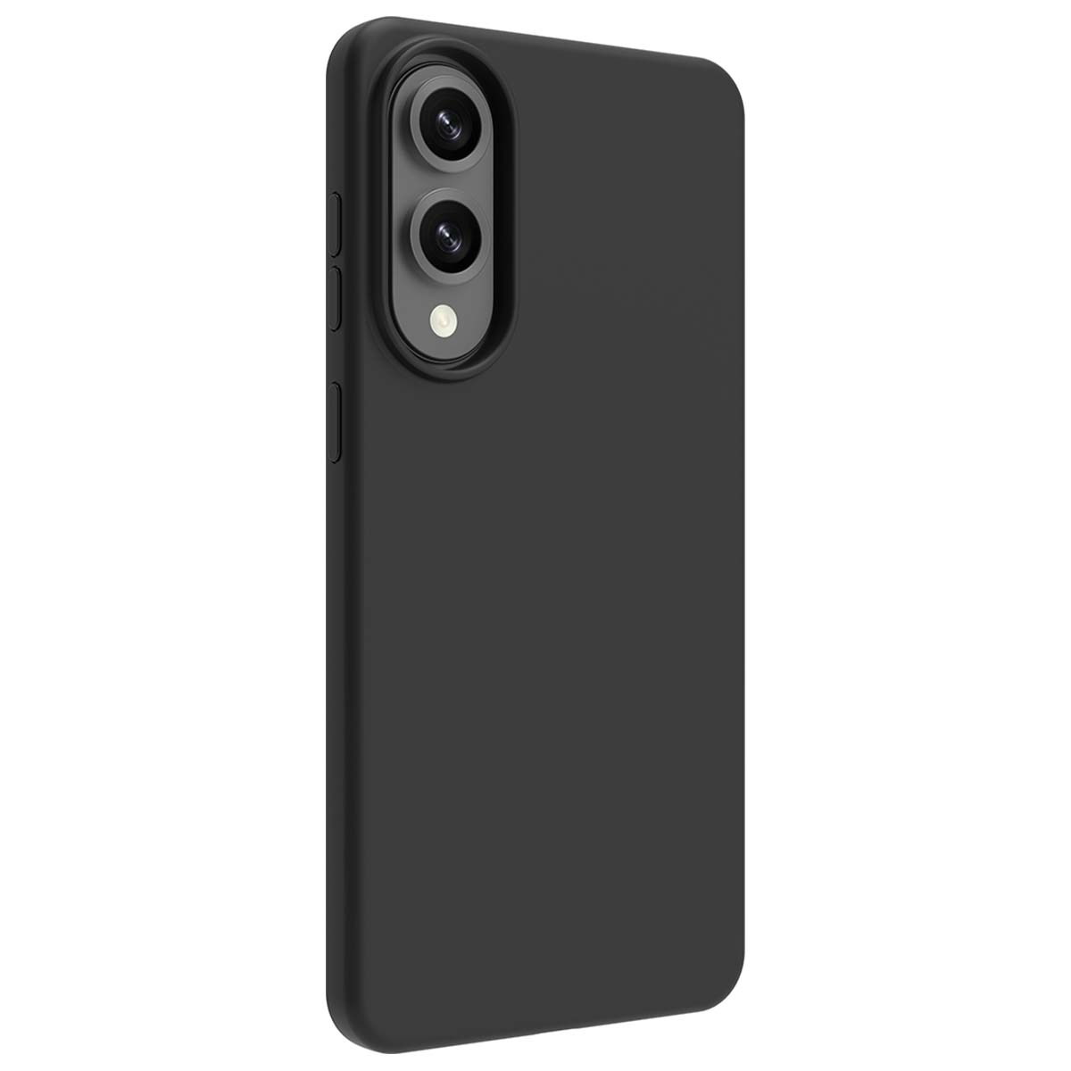 Una custodia nera per telefono con modulo fotocamera. La custodia ha una texture liscia e bordi arrotondati. Lo sfondo è bianco.