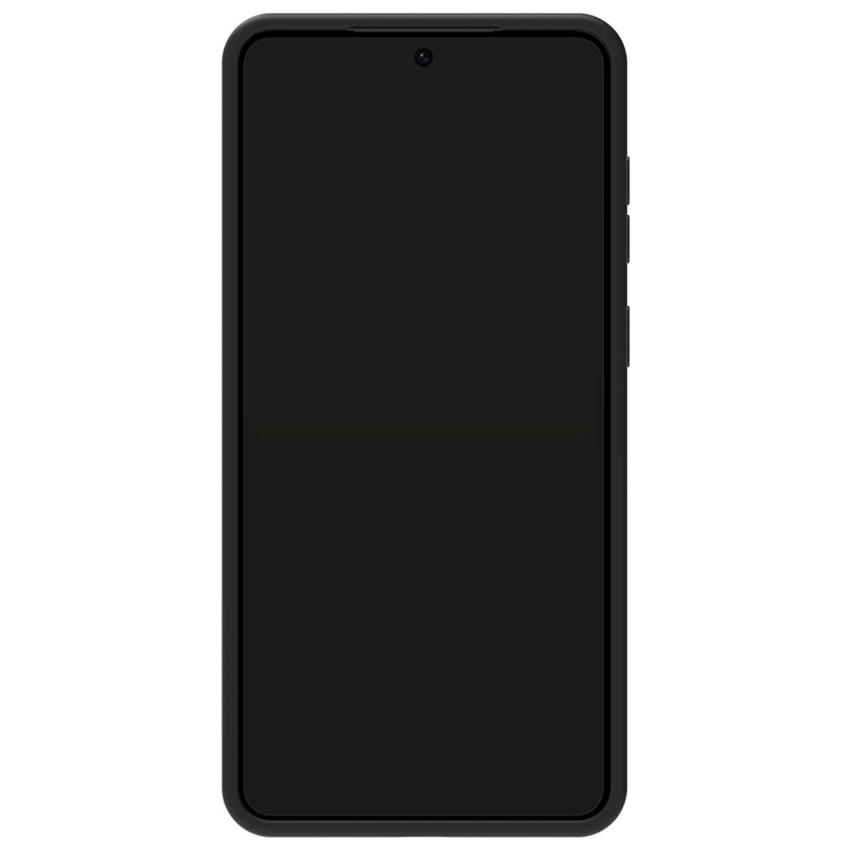 Uno smartphone nero con schermo nero è visualizzato verticalmente. Ha una fotocamera in alto e pulsanti sul lato destro.