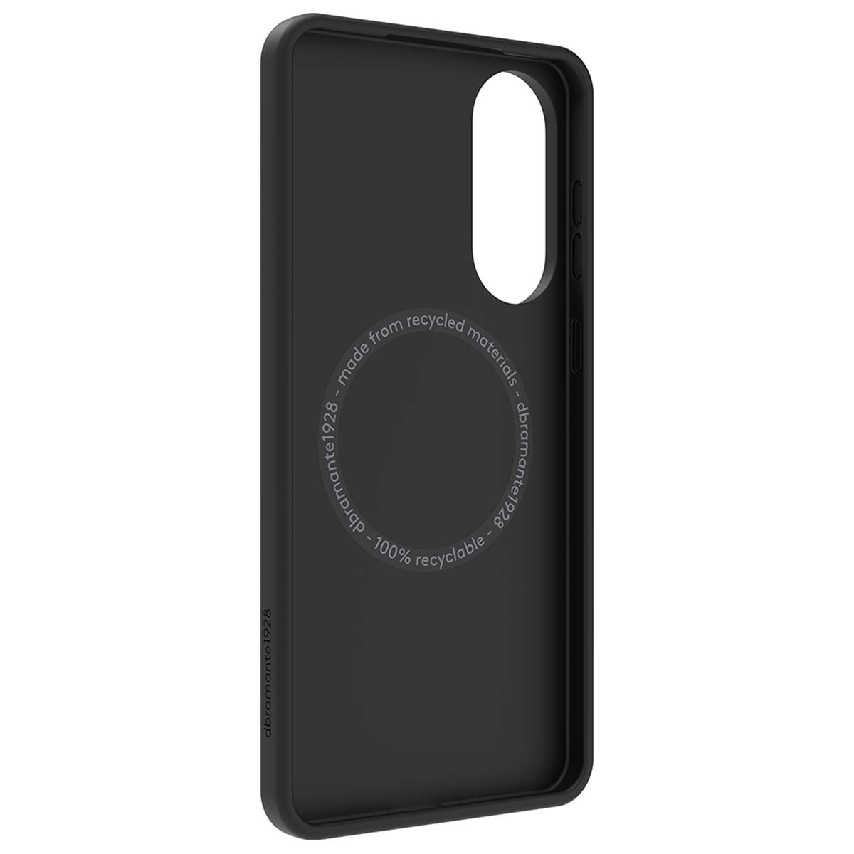 Custodia nera per telefono con design circolare e testo 'made from recycled materials' e '100% recyclable'.